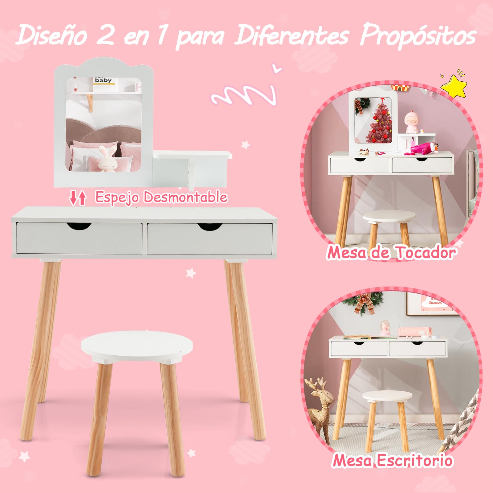 RELAX4LIFE 2 en 1 Tocador de Maquillaje para Niñas 3-7 Años con Taburete, Escritorio/Tocador Niña de MDF con Espejo Extraíble, 2 Cajones y 1 Estante, Mesa Niños Infantil, Carga 20+40kg (Blanco)