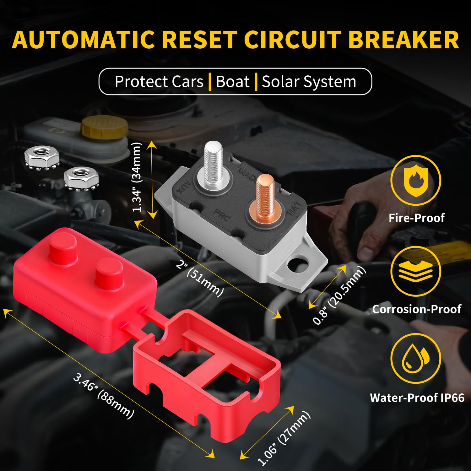50Amp Automatic Reset Circuit Breaker 12V-24V DC for Automotive Marine Boat Car RV Trailer Solar System with Cover Stud Bolt, IP66 Waterproof (Pack of 6) — Amazon image 2