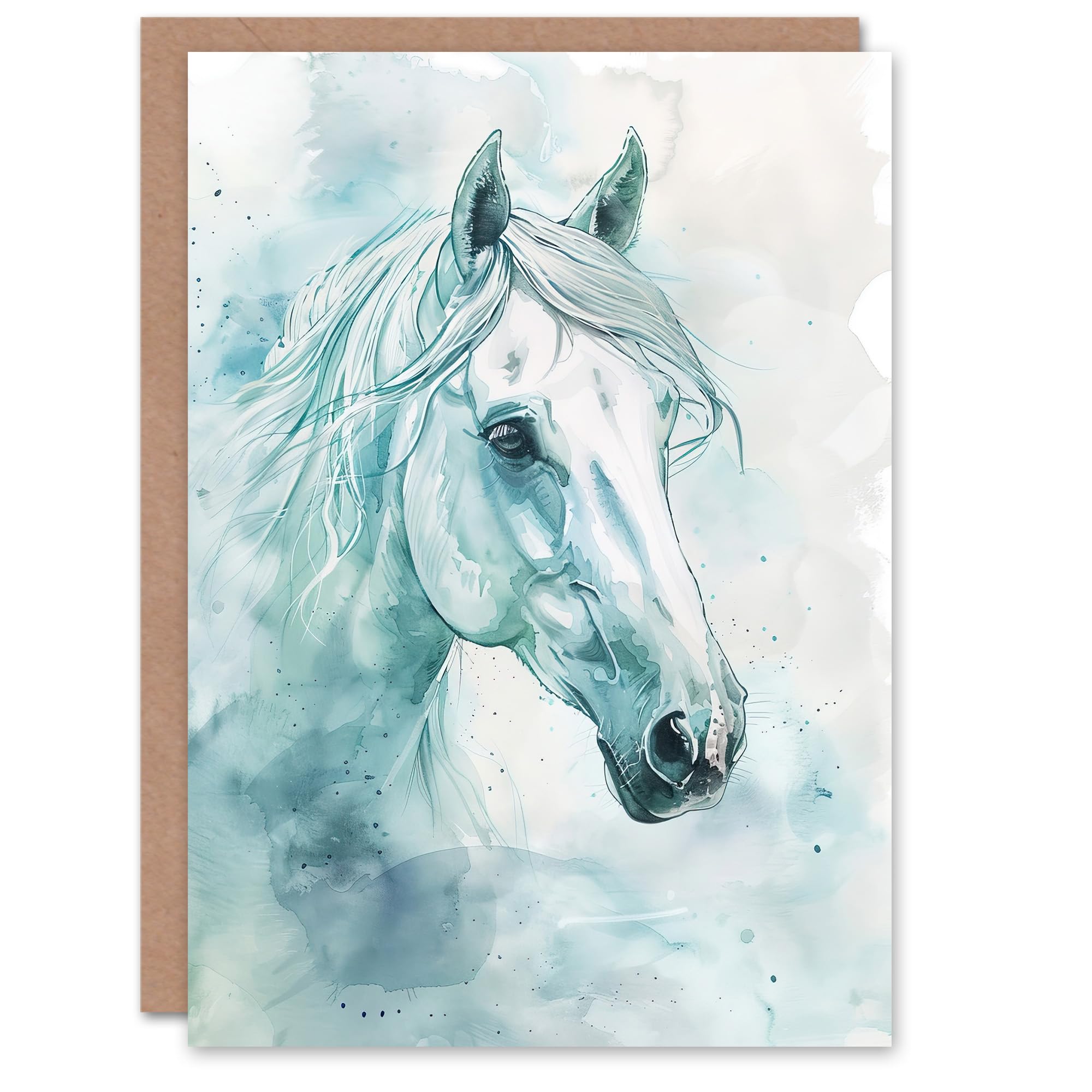 Artery8 Greeting Card White Horse Portrait Light Blue Watercolour Blank For All Him Or Her Art Birthday Card