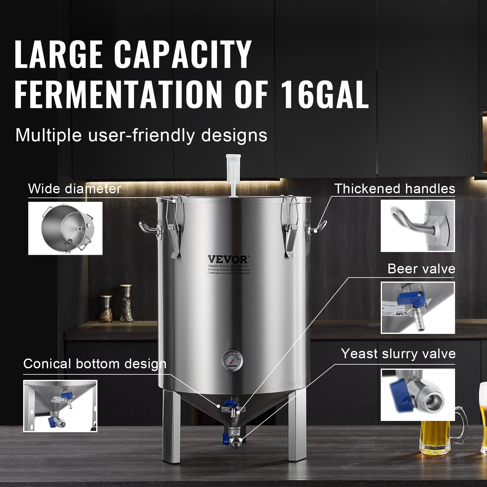 VEVOR Cuve de Brassage de Bière en Acier Inoxydable 304, Cuve Fermentation Bière 60 L, Seau de Brassage Domestique avec Base, Couvercle, Poignée, Valve, Robinet et Thermomètre, pour Brasseur Maison