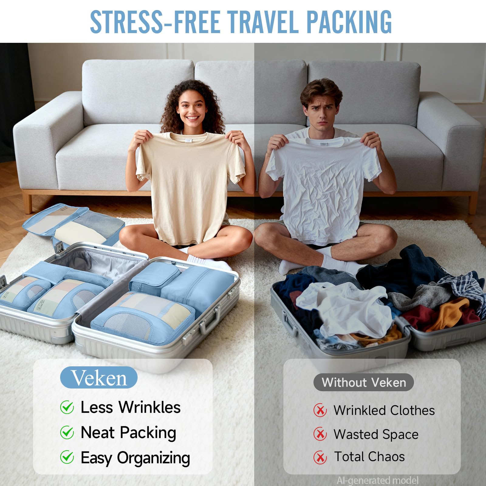 Veken 8 Set Packing Cubes for Travel Essentials,Anti-Wrinkle Buckled Suitcase Organizer for Shoe & Toiletry Bag,Carry On Luggage Bag with 99+ Count Mesh Holes for Airplane & College Dorm Accessories view 7