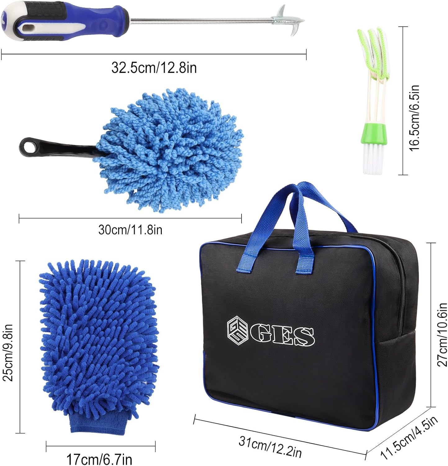GES Car Cleaning Kit with Storage Bag - 14PCS Exterior and Interior Car Washing Tools, Bucket, Wheel Brush, Microfiber Mitt, Drying Towel, and Car Clay Ba (Blue) 3