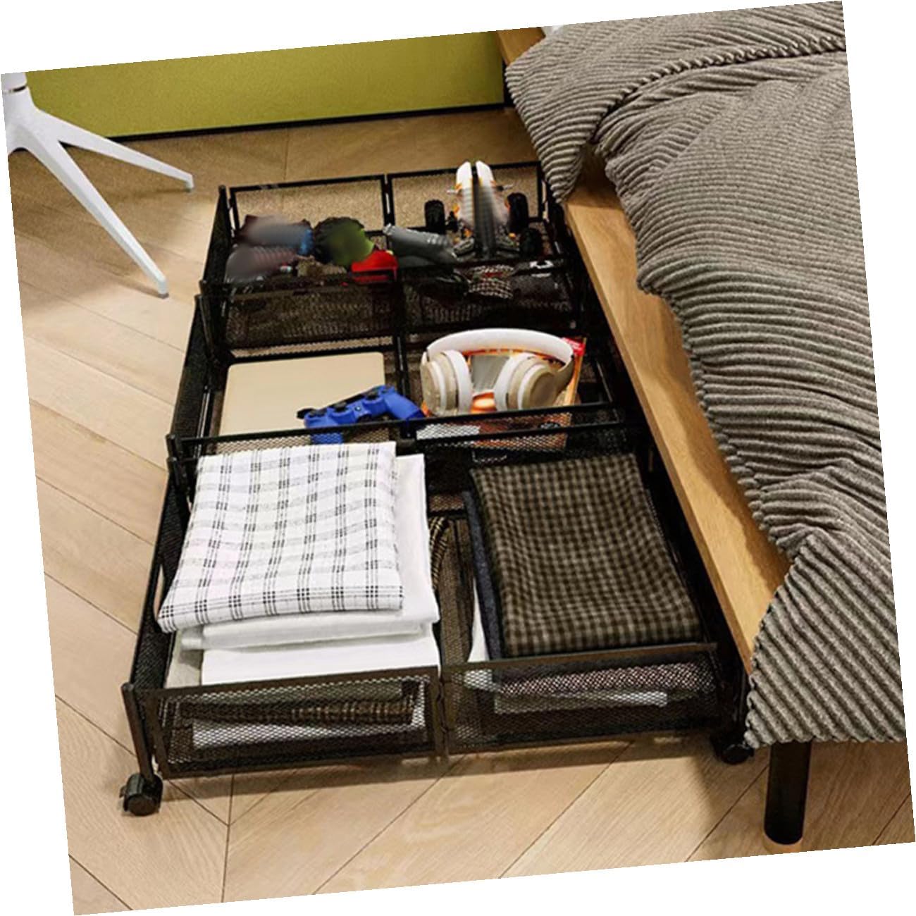 Bed Storage Drawers with Wheels, Foldable Steel Frame Organizer for Bedroom Clothes, Space Saving Underbed Storage Rack in Black