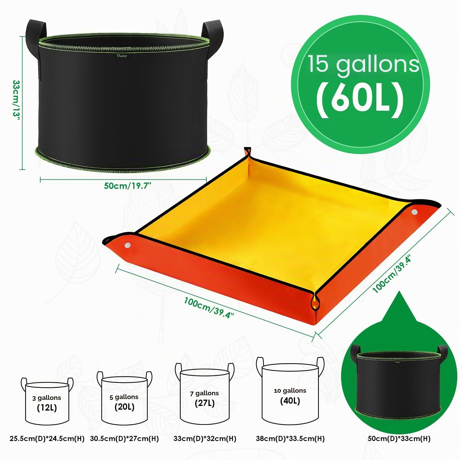 Lot de 5 sacs de culture en tissu épais, poignées étendues, pots robustes, tapis de rempotage, 60 l