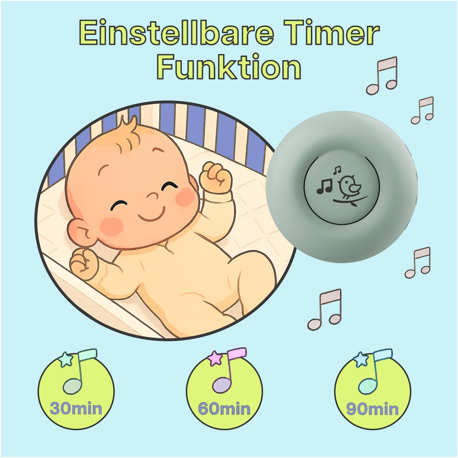 White Noise Machine Baby von MMOBIEL – mit 20 beruhigenden Klängen, Schrei-Sensor, Timer & USB-C – Tragbare Einschlafhilfe mit Weißem, Pinkem & Braunem Rauschen, Naturgeräuschen & Schlafliedern –Grün
