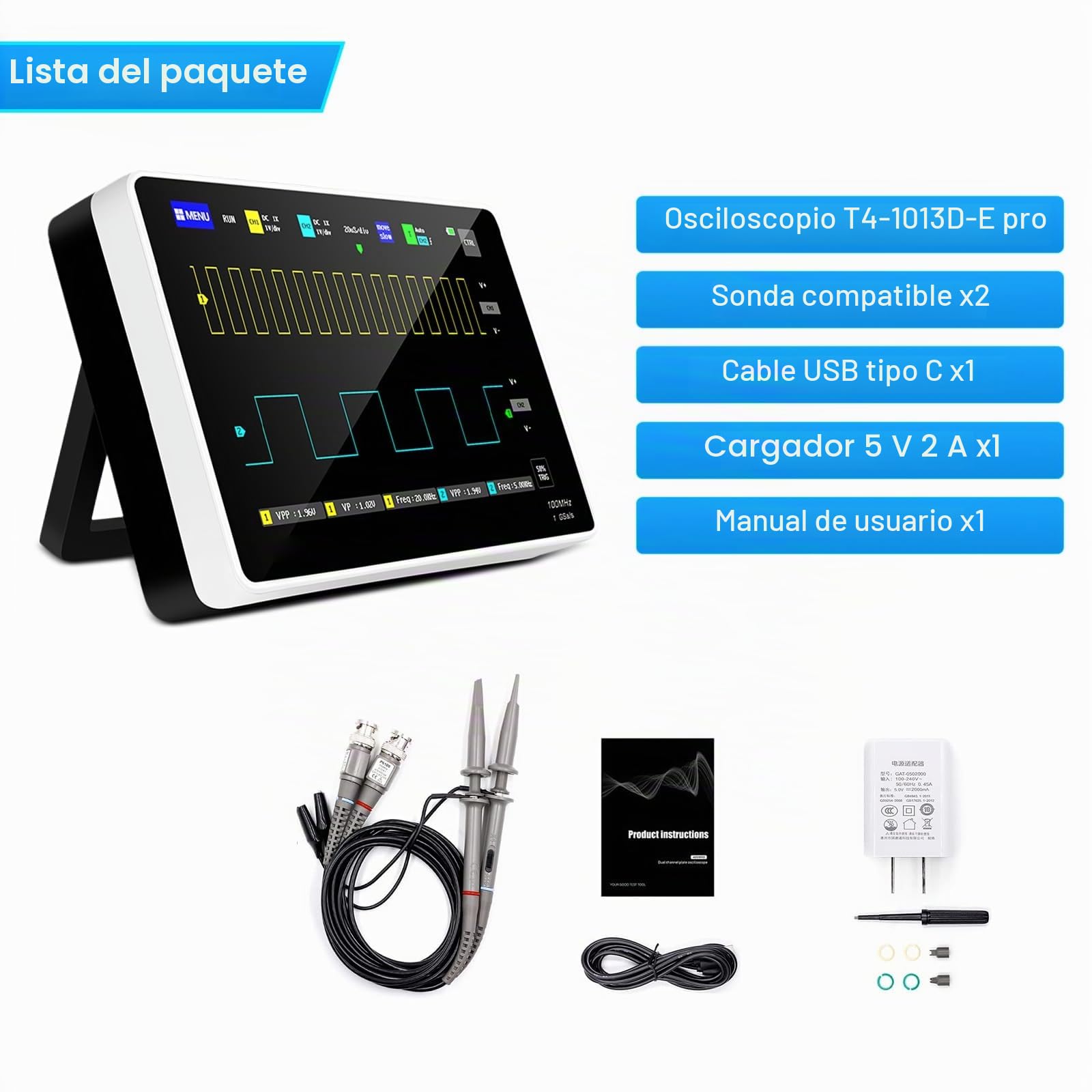 Osciloscopio, multímetro digital, osciloscopio de mano con 2 canales, osciloscopio USB, ancho de banda de 100 MHz, pantalla TFT LCD, frecuencia de muestreo de 1 GSa/s, Cubiertas distribuidas al azar