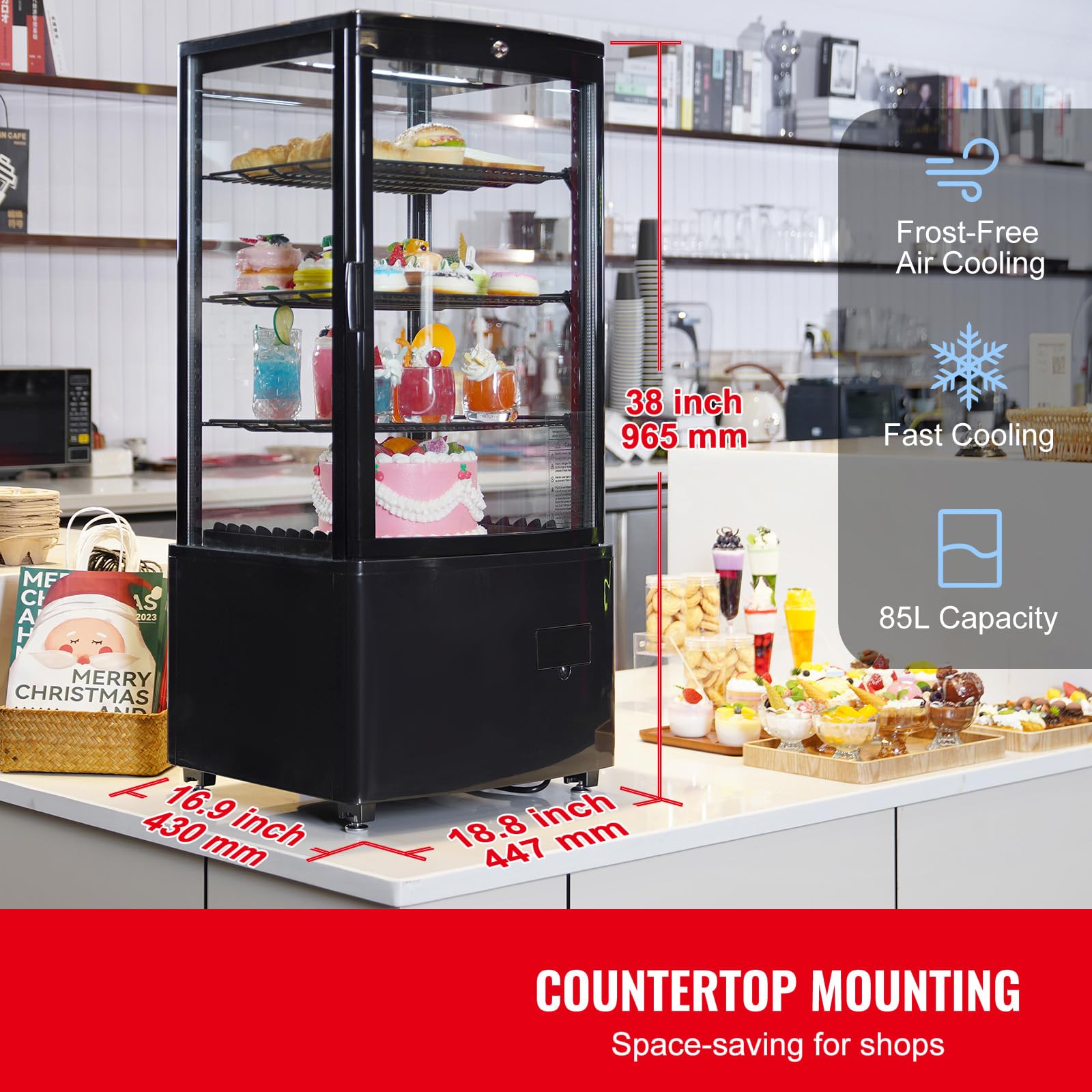 Happybuy 3 Cu.Ft. Refrigerated Display Case, 3-Tier Countertop Pastry Display with LED Lighting, TURBO Cooling, Frost-Free Air-Cooling, Locked Door for Bakery