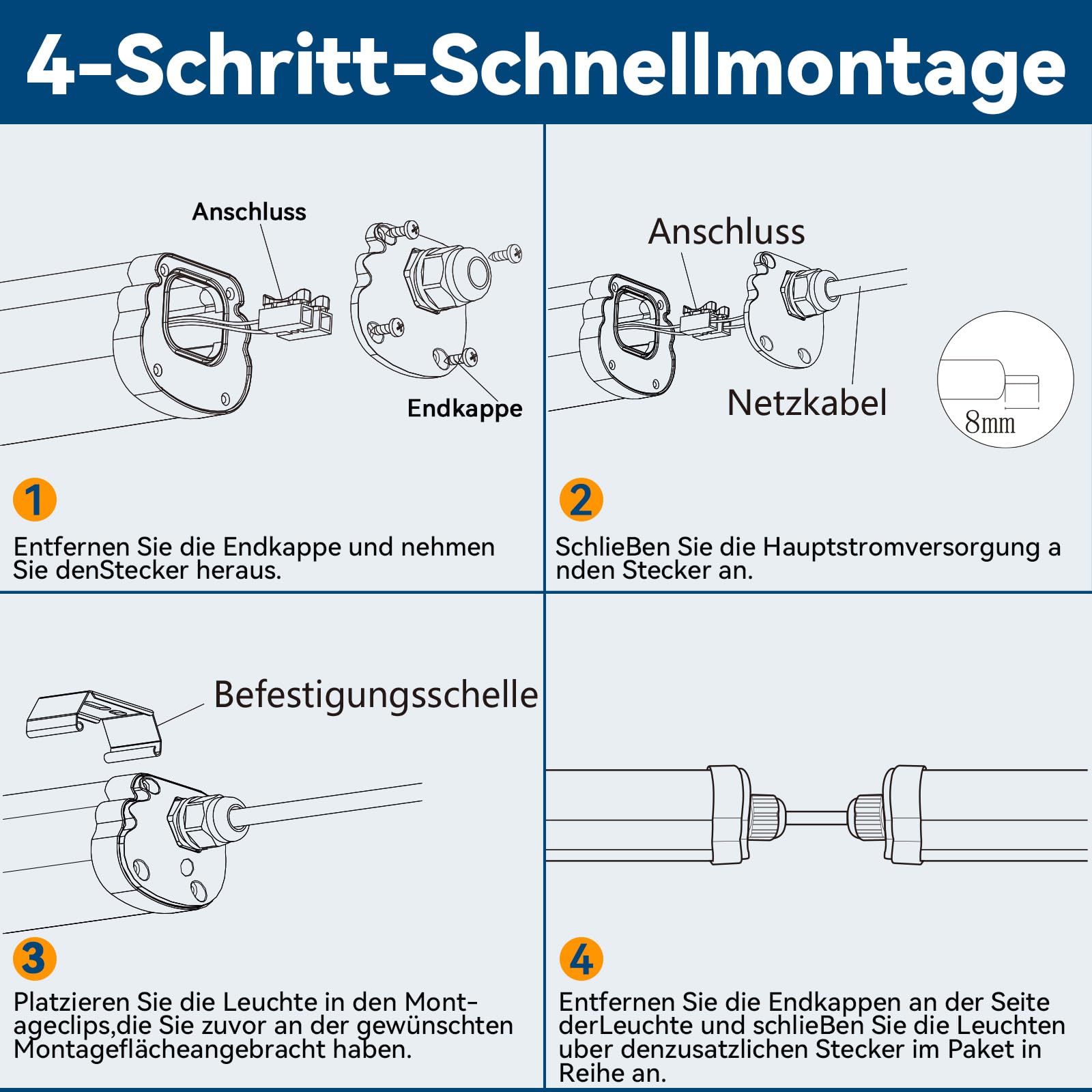 JESLED LED Feuchtraumleuchte 120cm IP65 30W 5200 Lumen Verknüpfbar Kellerleuchte 4000K