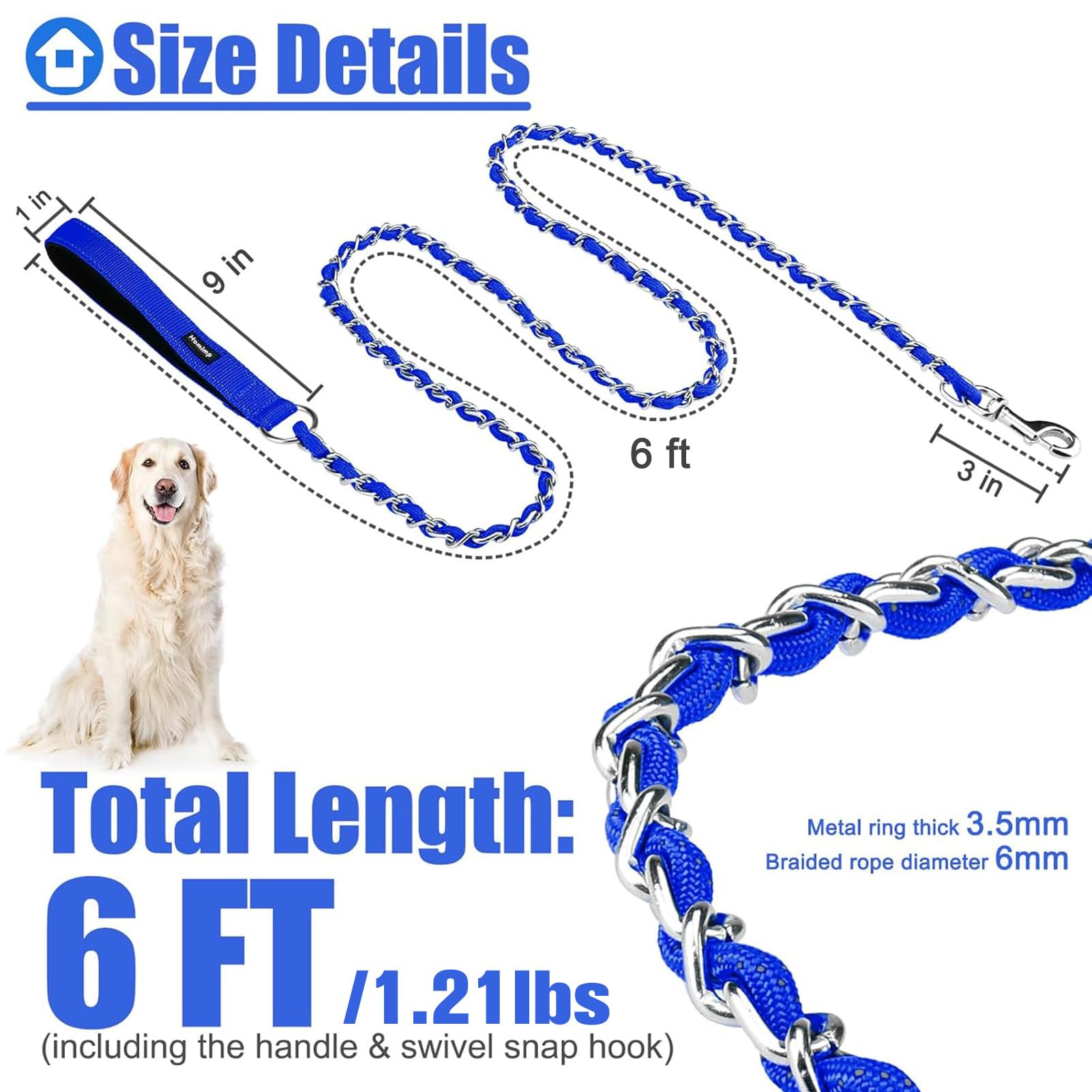 Homimp Chain Reflective Metal Dog Leash Anti-Chew for Large Dogs 1.8 m and Padded Handle Soft Comfortable Anti-bite and Durable with Rope - Image 2