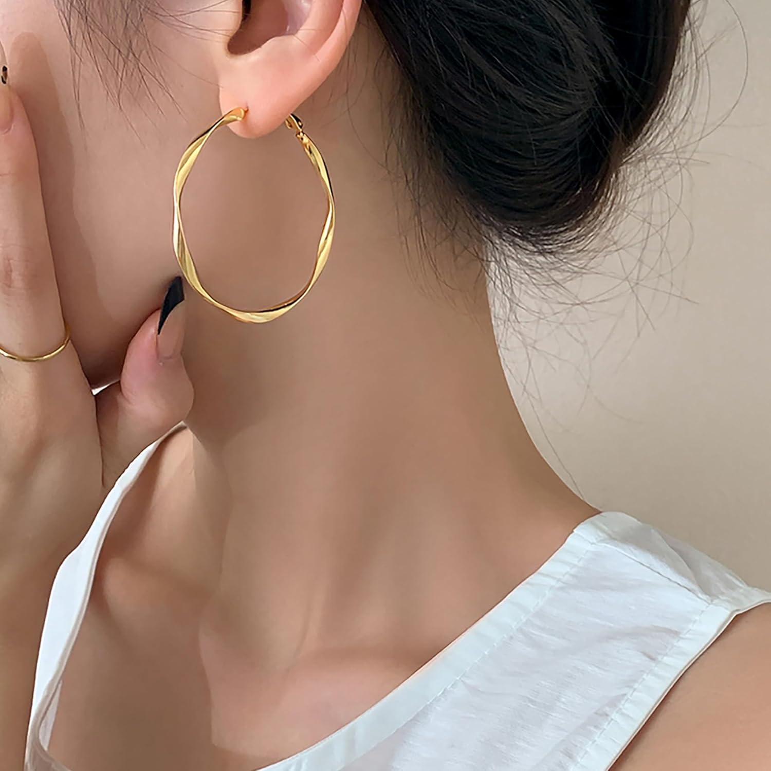 50mm Twisted Hoop Earrings 18K Gold Plated - Trendy Large Thin Hoops, Hypoallergenic Nickel Free 925 Sterling Silver Posts, Lightweight Dainty Everyday Jewelry