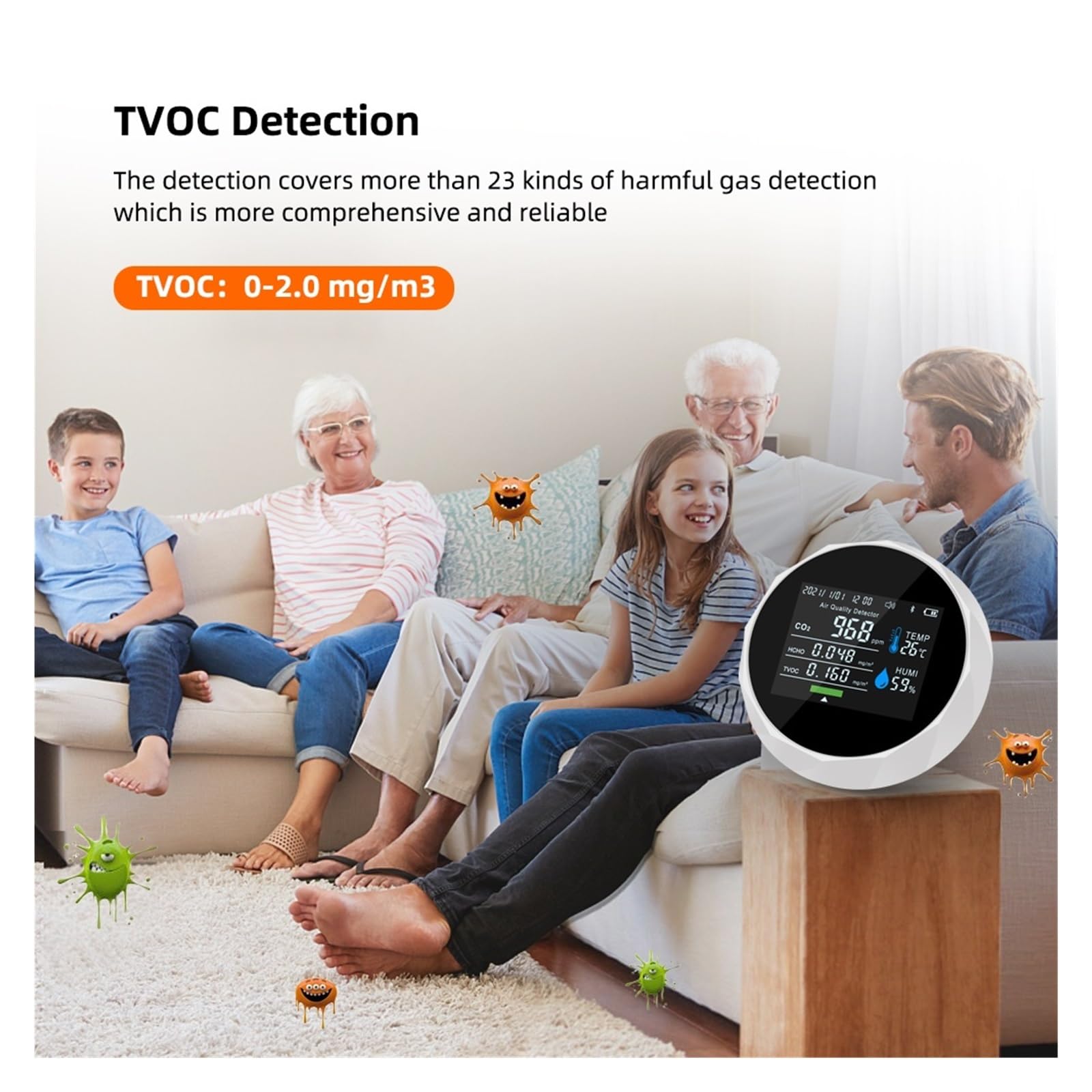 Monitor d'aria multifunzione TVOC HCHO Misuratore di CO2 Tester qualità del gas Umidità Temperatura Rilevatore controllo dente blu Per cucina e camper(Noir)