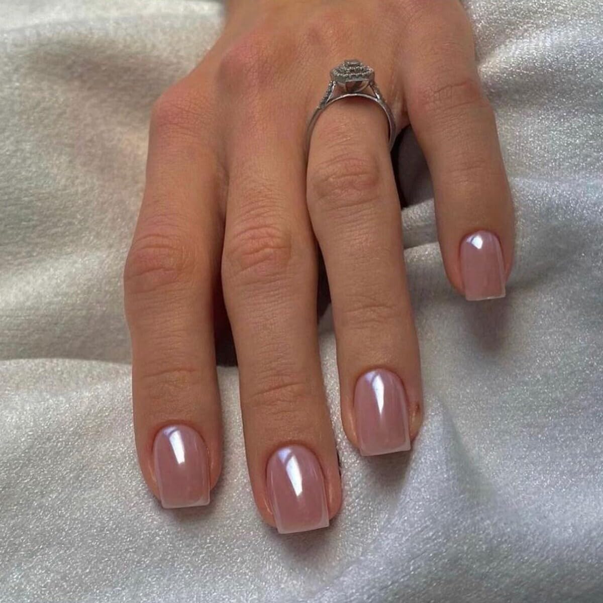 Chrome Nude Pink Square Press on Nails Short,KQueenest Mirror Metal Plating False Acrylic Nails Press Ons,Natural Fit Glue on Nails Short Coffin,UV