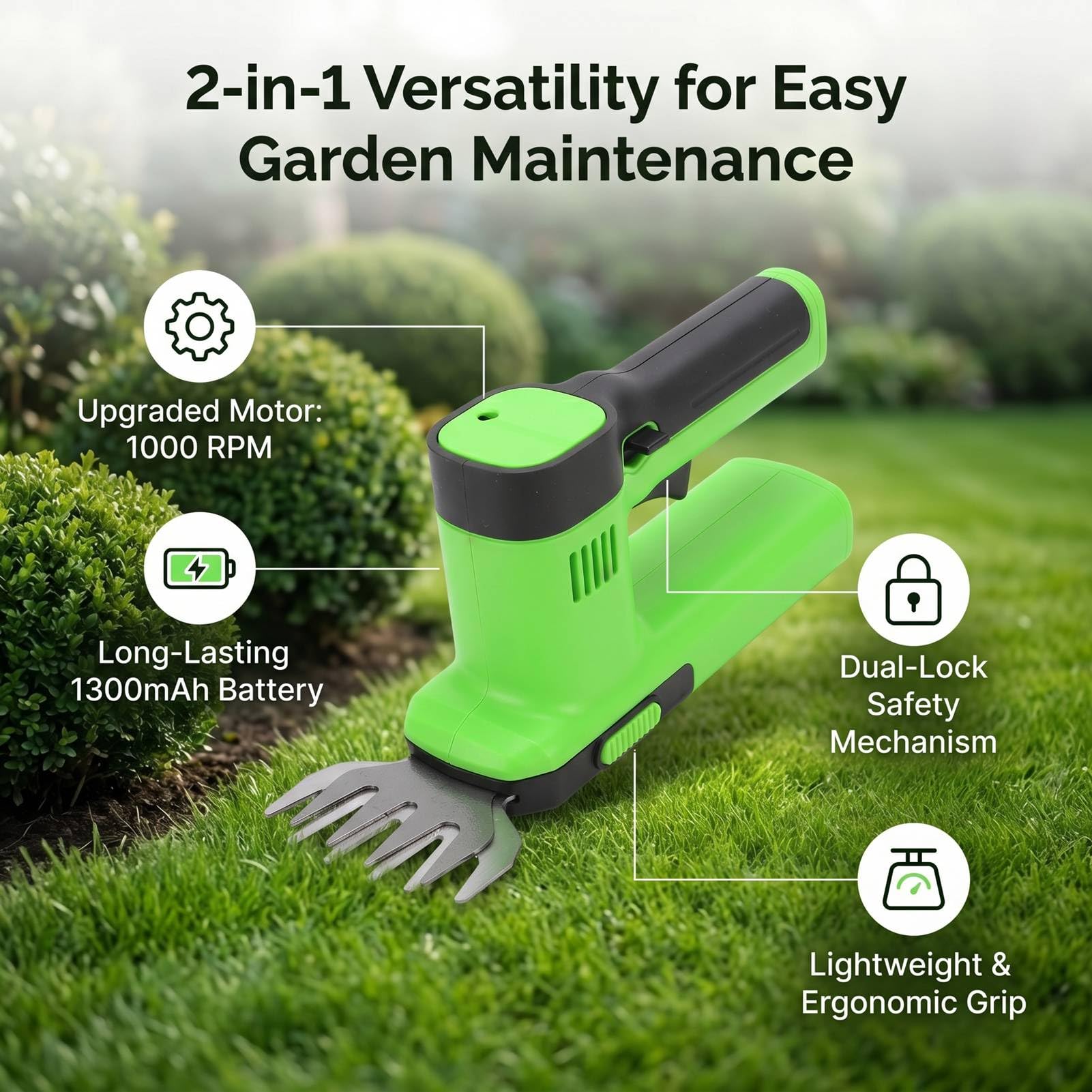 Naroote Kabellose Grasschere, Wiederaufladbare Handheckenschere mit 1000 U/min, Rutschfestem TPR-Griff, Dual-Lock-System, Ergonomischem Design, für Haus, Garten und Rasen