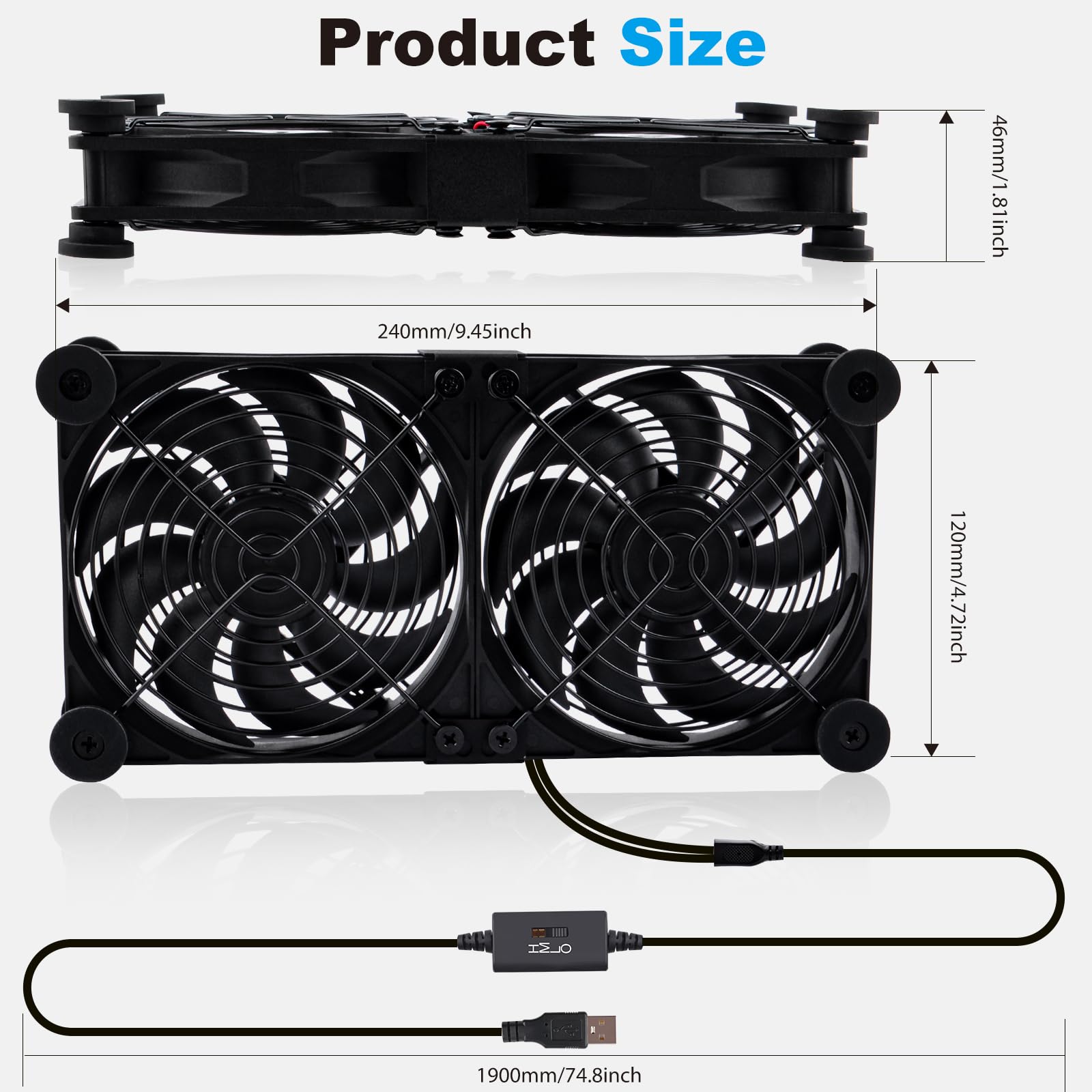 Ventola silenziosa 2 in 1 120 mm Dual Router con regolatore velocità 3 gradi DC 5V USB Cooling Case