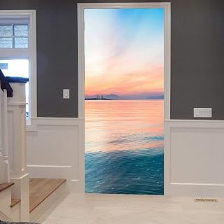 A.Monamour Pegatinas Decorativas de Puerta Autoadhesivo 3D Playa Amanecer Colorido Cielo Azul Océano Naturaleza Paisaje Vinilo para Puertas Mural PVC Pegatinas de Pared Foto Poster 83 x 204 cm