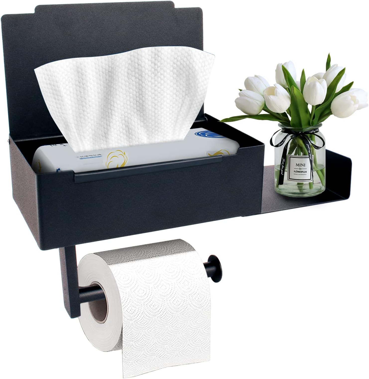 JiangLin Toilet Paper Holder No Drilling, Toilet Paper Holder with Wet Wipes Box, Stainless Steel Wall Mounted Anti-Fingerprint Toilet Paper Holder, Blunt Edges, Toilet Roll Holder, Black with