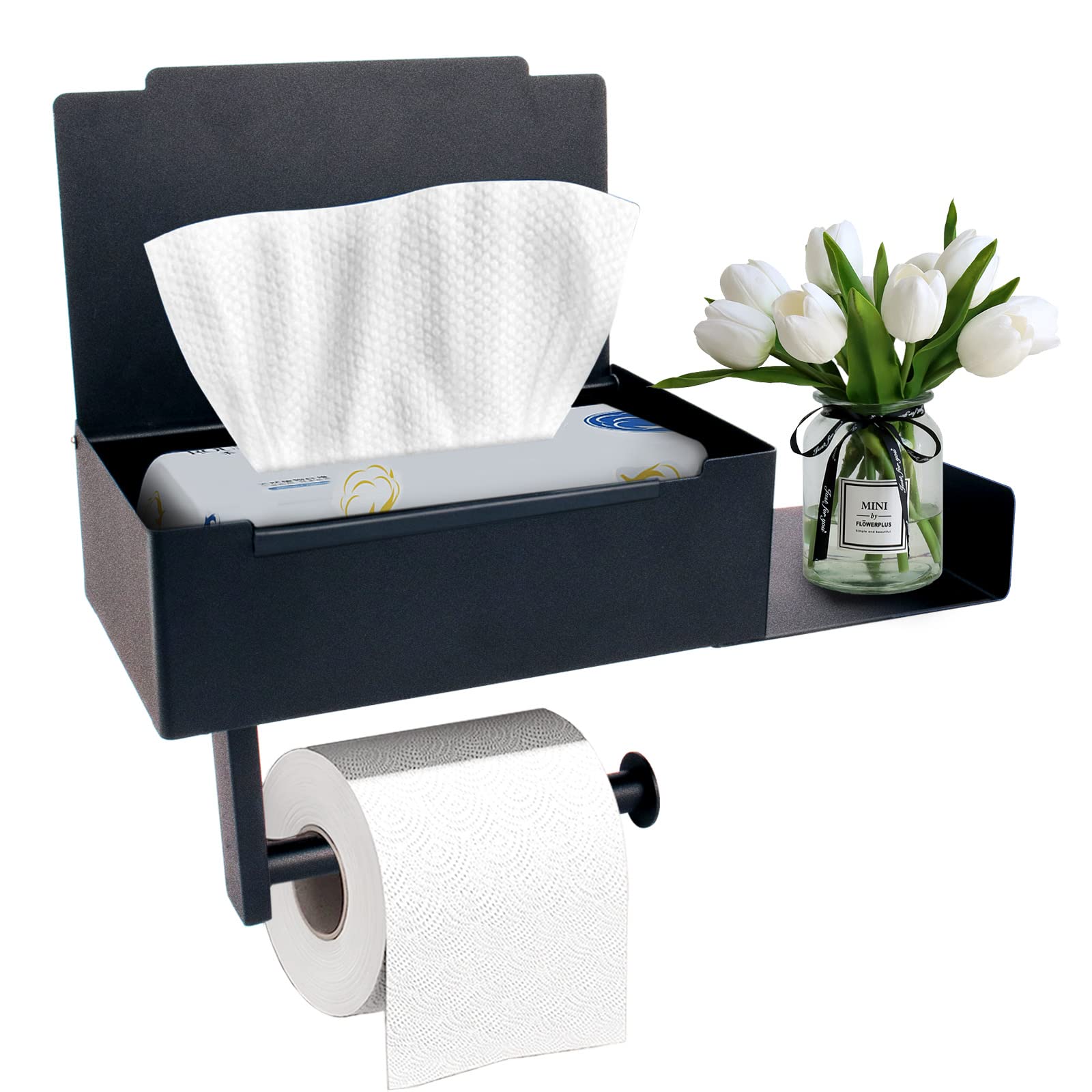 JiangLin Toilet Paper Holder No Drilling, Toilet Paper Holder with Wet Wipes Box, Stainless Steel Wall Mounted Anti-Fingerprint Toilet Paper Holder, Blunt Edges, Toilet Roll Holder, Black with
