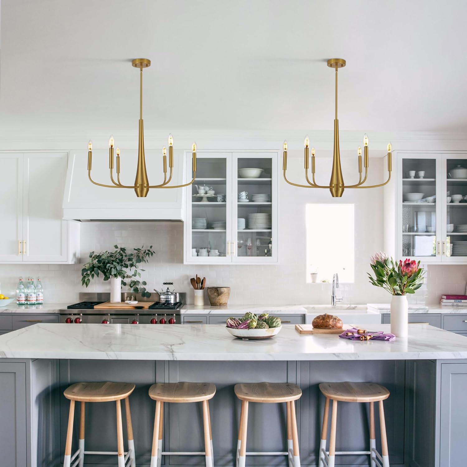 Gold Chandelier Light Fixture, 6-Light Modern Farmhouse Kitchen Chandeliers Over Table Hanging, Industrial Metal Chandeliers for Dining Room Entryway Bedroom Living Room Foyer Hallway