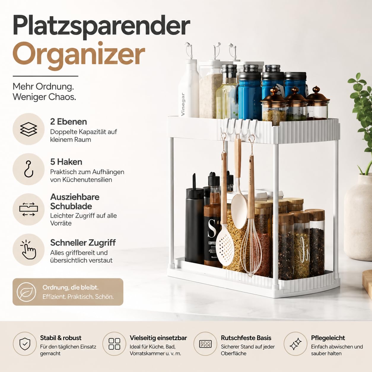 Küchenschrank Organizer Ausziehbar, 2er Set Spülschrank Organizer mit Ausziehbarem Unterkorb, Unter Waschbecken Regal, 2-Stufiger Küchen Organizer mit 5 Haken für Küche & Bad, Weiß