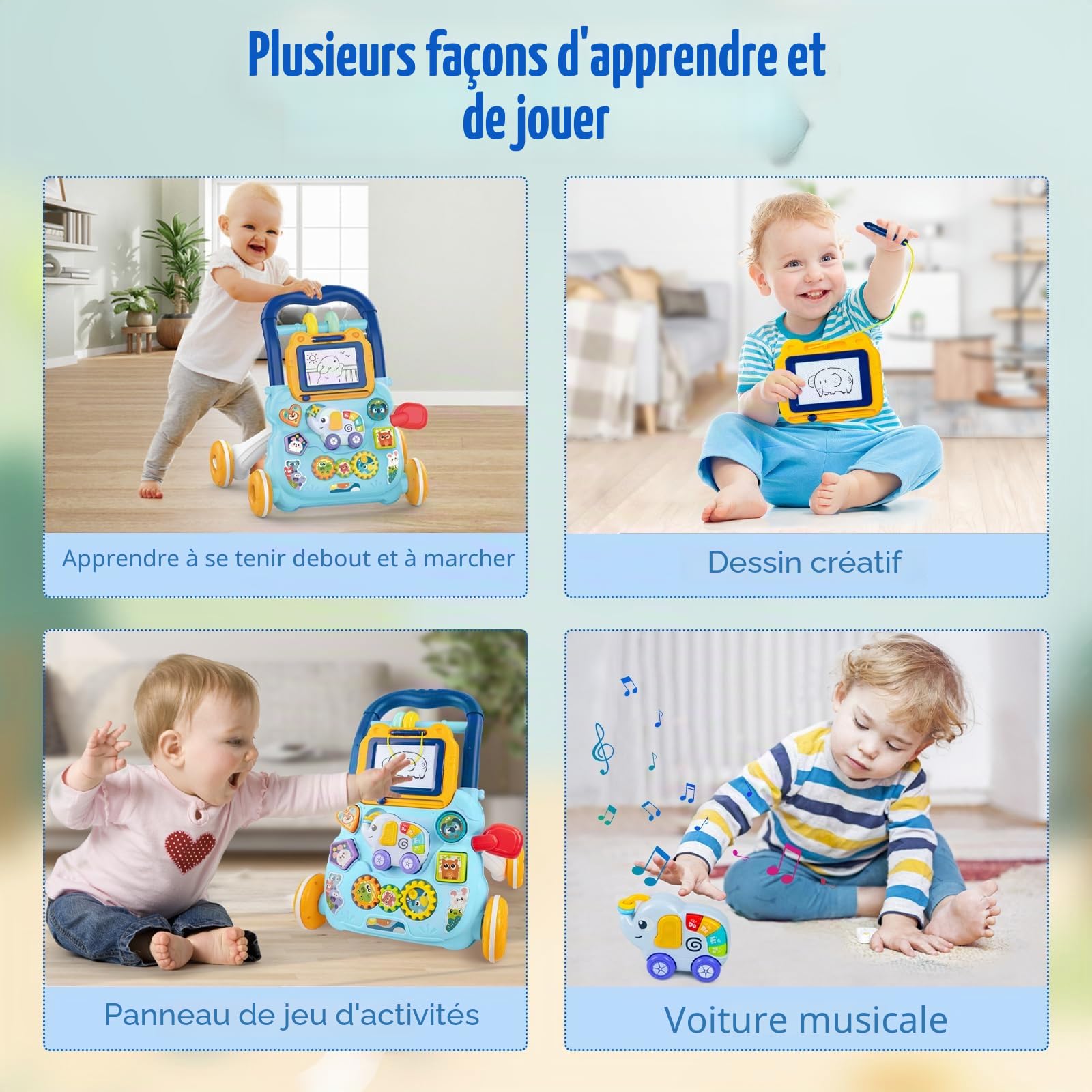 Marcheur D'apprentissage Assis-Debout, Jouet 2 En 1 Pousser pour Bébé avec Musique et Tableau de Dessin, Centre D'activités Éducatives Multifonctionnel pour Enfants Filles Garçons 12M+ (Bleu)