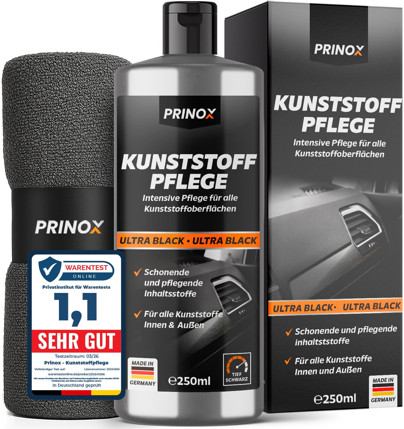 Auto Kunststoff Auffrischer Set [inkl. Mikrofasertuch] – Kunststoffpflege für Auto Außen & Innen - Sofortige Tiefenschwarz-Wirkung und hervorragender UV-Schutz - Schutz vor Ausbleichen - 250 ml