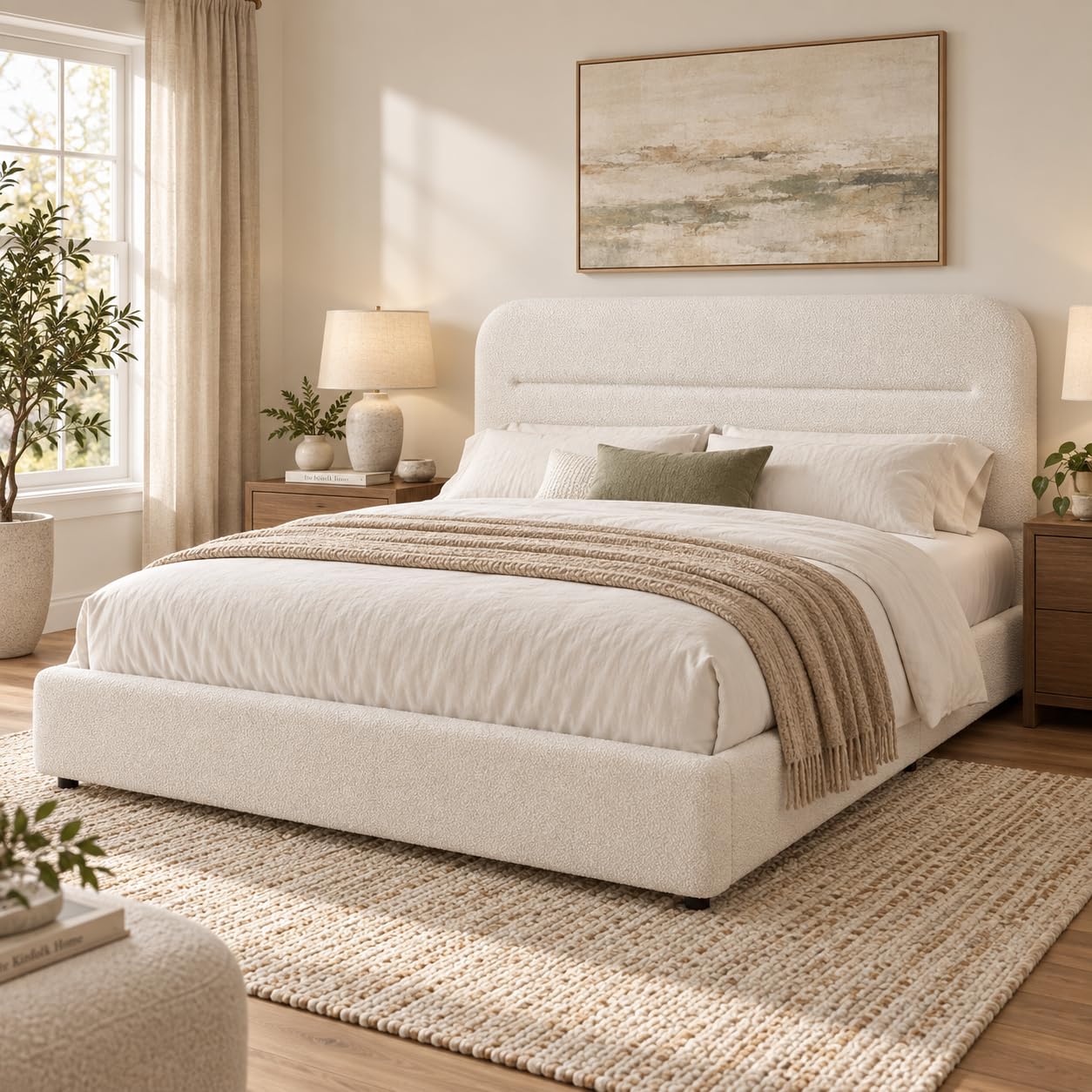 HOMBCK Queen Bed Frame, White Boucle Upholstered Platform Bed