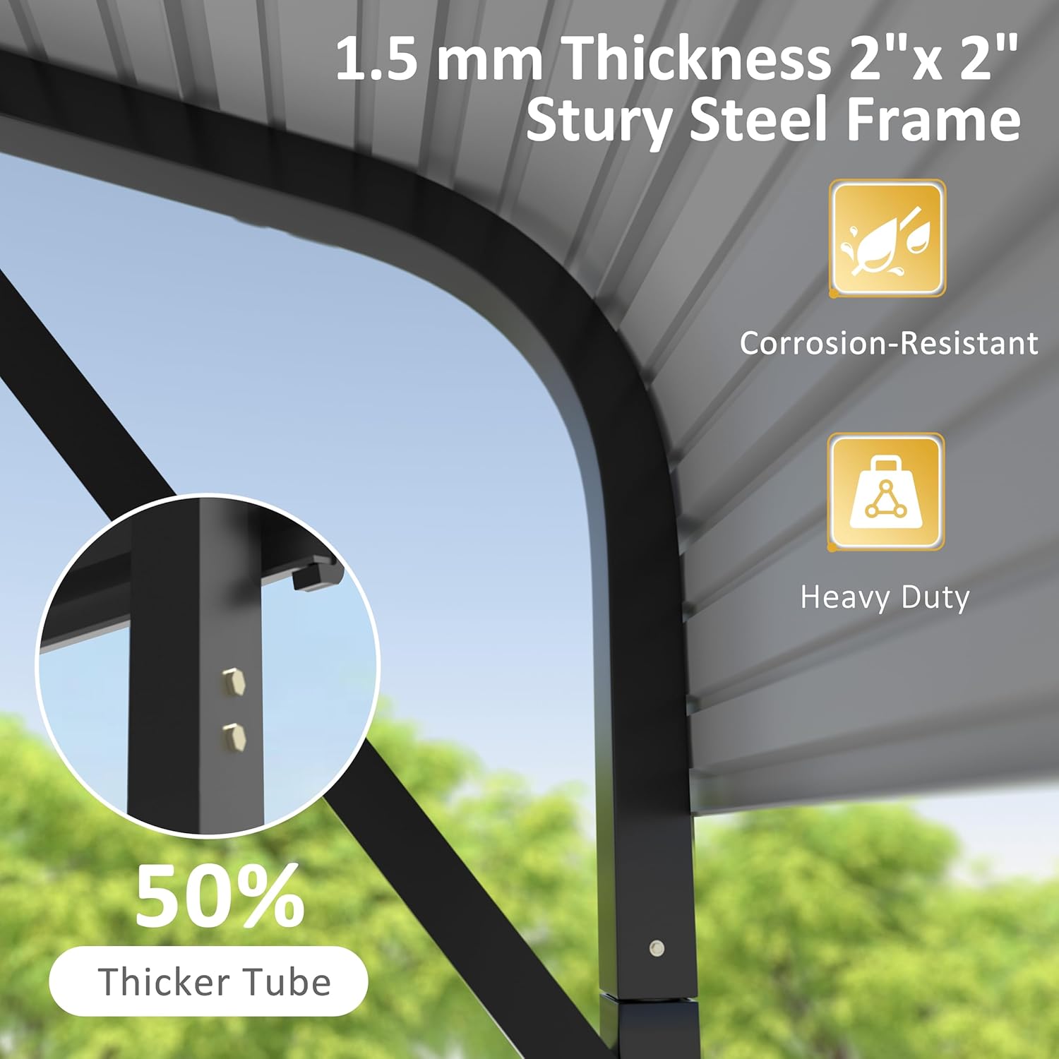 Close-up of the 1.5mm thickness 2x2 sturdy steel frame, highlighting corrosion-resistant and heavy-duty properties.