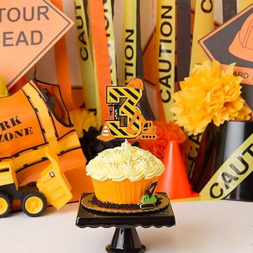Miniatura 6 de Decoración para pastel de tercer cumpleaños de construcción para niños, niños, niñas, camión, excavadora, montacargas, bulldozer, rodillos de