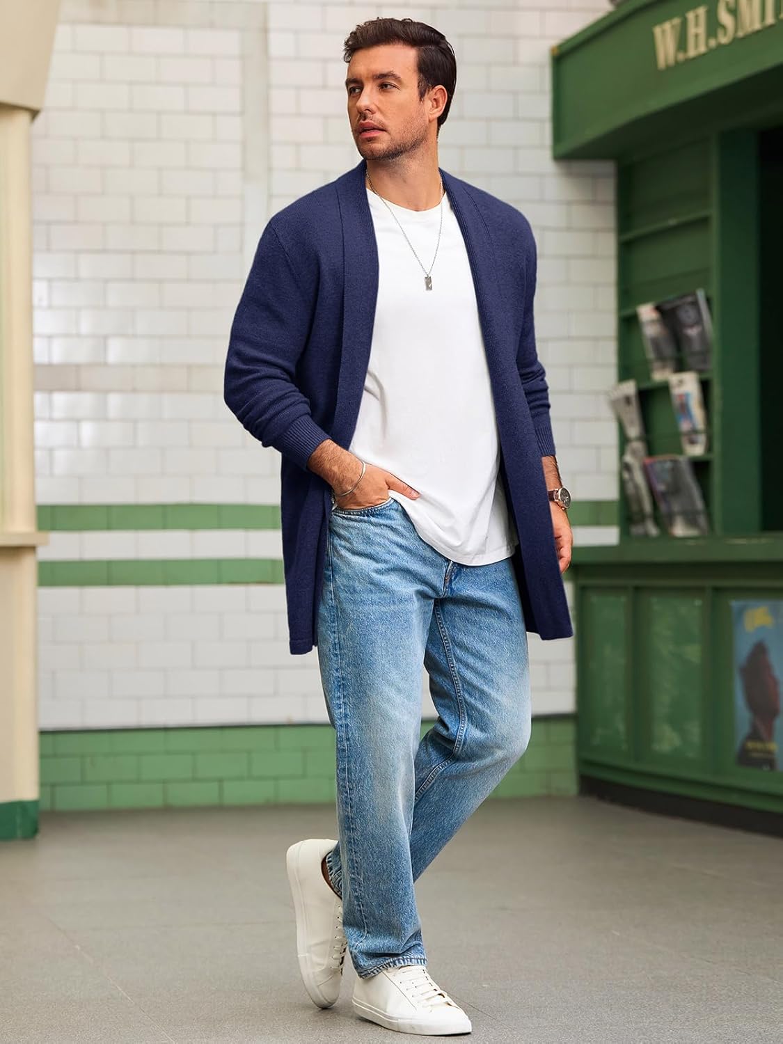 Runcati Mens Long Cardigan Sweater Casual Ruffle Shawl Collar Open Front Cardigan Knit Drape Cape Winter Sweaters - Image 5