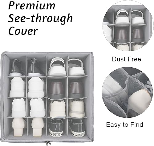 Miniatura 4 de Organizador de zapatos para armario, solución de almacenamiento de zapatos con cubierta transparente, caja de zapatos de tela con asas para hasta 16