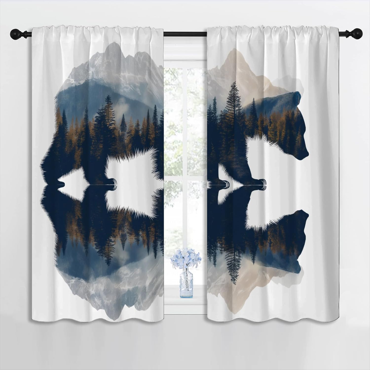 Bear Blackout Curtains for Boys Girl Bedroom Home Decor, Wildlife Forest Mountains Reflection Vintage Abstract Art Thermal Insulated Rod Pocket Darkening Living Room Window Drapes, 42 x 63 inch