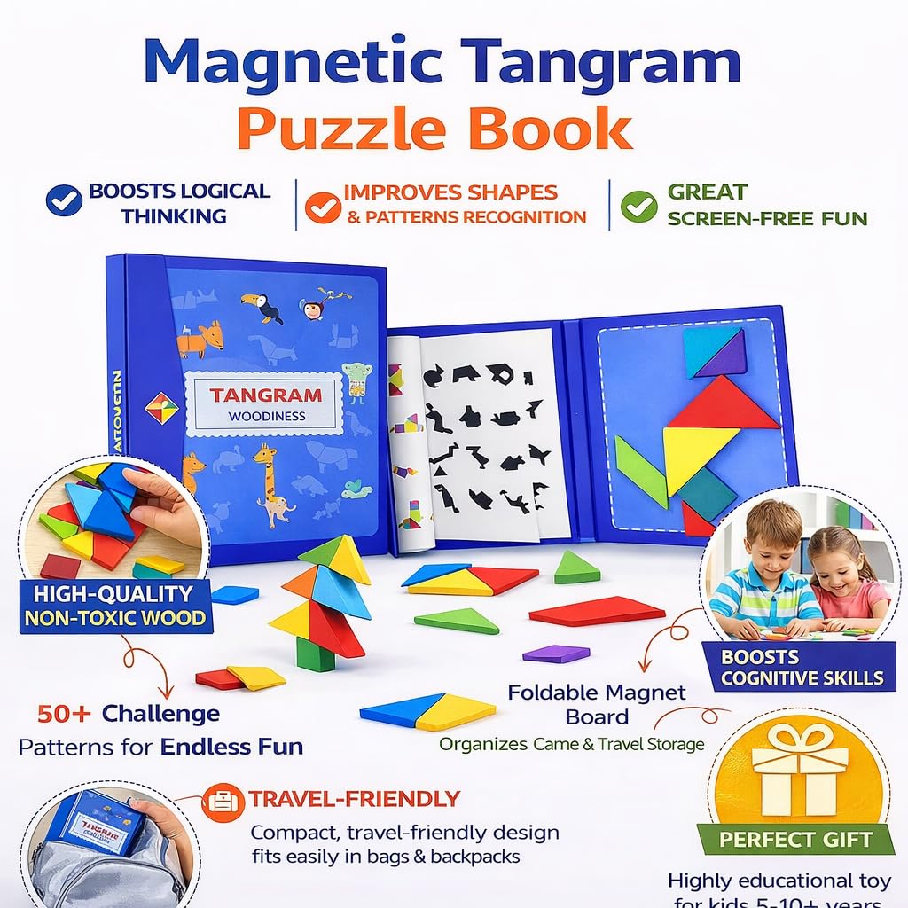 PLUSPOINT Wooden Tangram Travel Game Pack of 10 Magnetic Puzzle Book Game Tangrams Jigsaw Shapes with Solution Traveler Challenge IQ Educational Toy for 3-99 Years 2