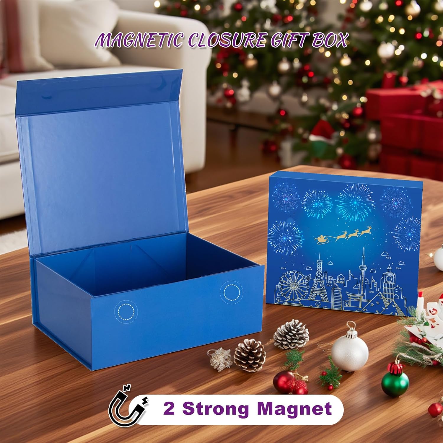 Christmas Gift Boxes with Lids 9.5x7x3.5 Inches, 3 Pack Blue Xmas Magnetic Gift Box with Gradient Glitter - Fireworks Pattern Hard Cardboard Gift Wrap Box for Eve Holiday Presents Wrapping image 5