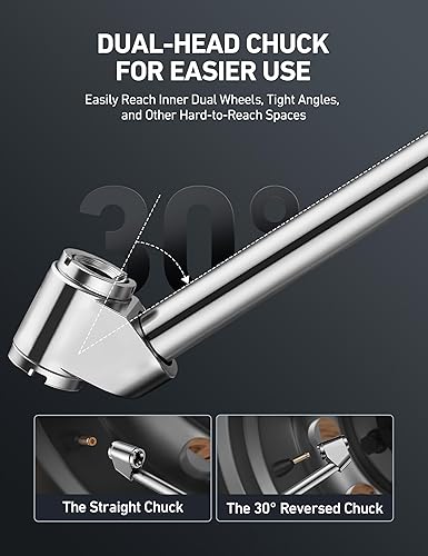 Miniatura 5 de AstroAI T3 Medidor de presión de neumáticos resistente con inflador, portabrocas de doble cabeza ANSI B40.1 con manómetro de aire preciso, 10-120