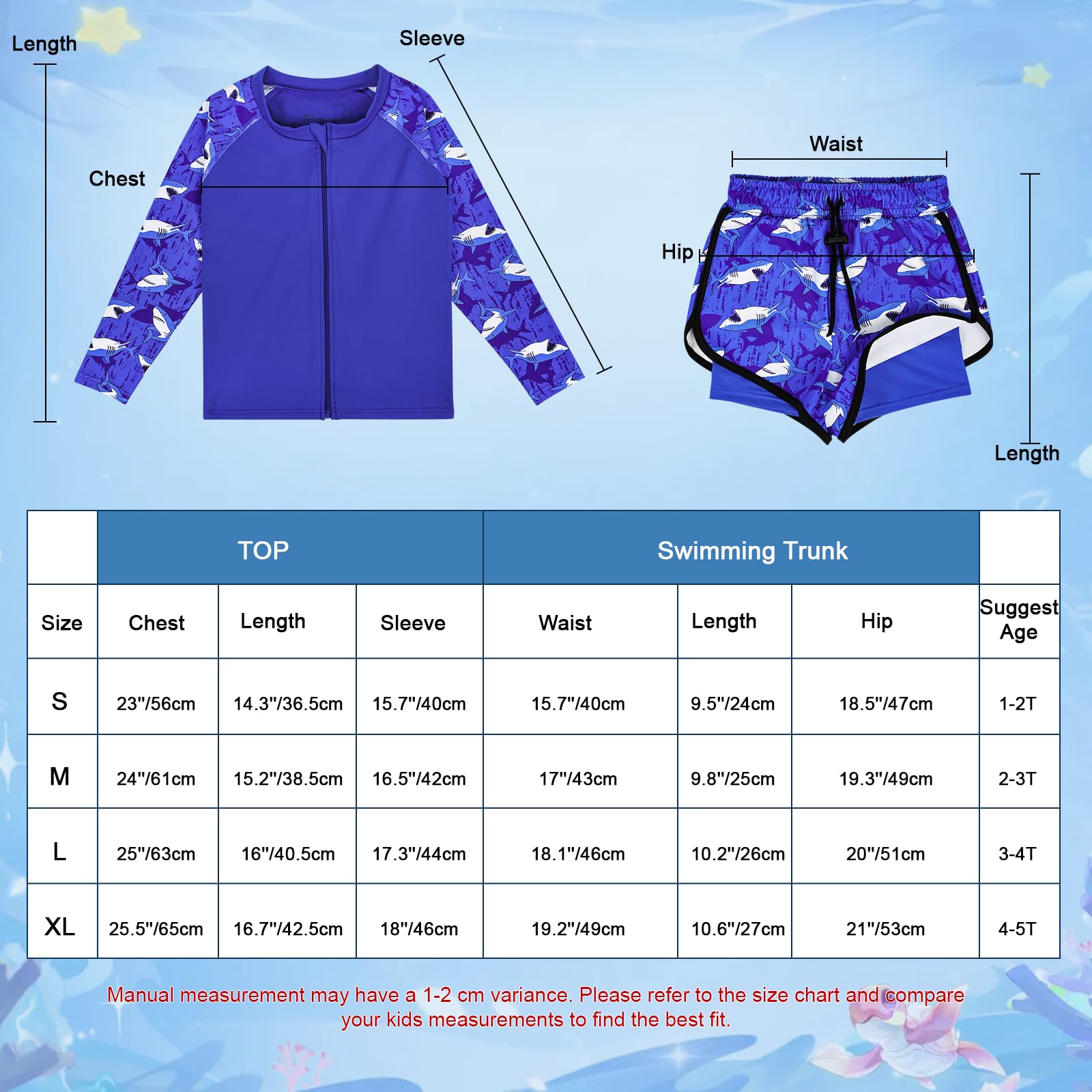 MOEMOE BABY Costume da bagno per bambini e bambine, 2 pezzi, protezione UV rash-Guard, costume da bagno con maglietta a maniche lunghe e pantaloncini da bagno