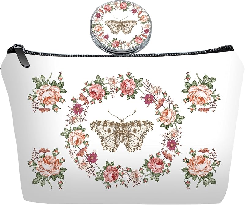 Conjunto de nécessaire de maquiagem com estampa floral de borboletas JIEXAGEZOS e espelho, Pacote com 2