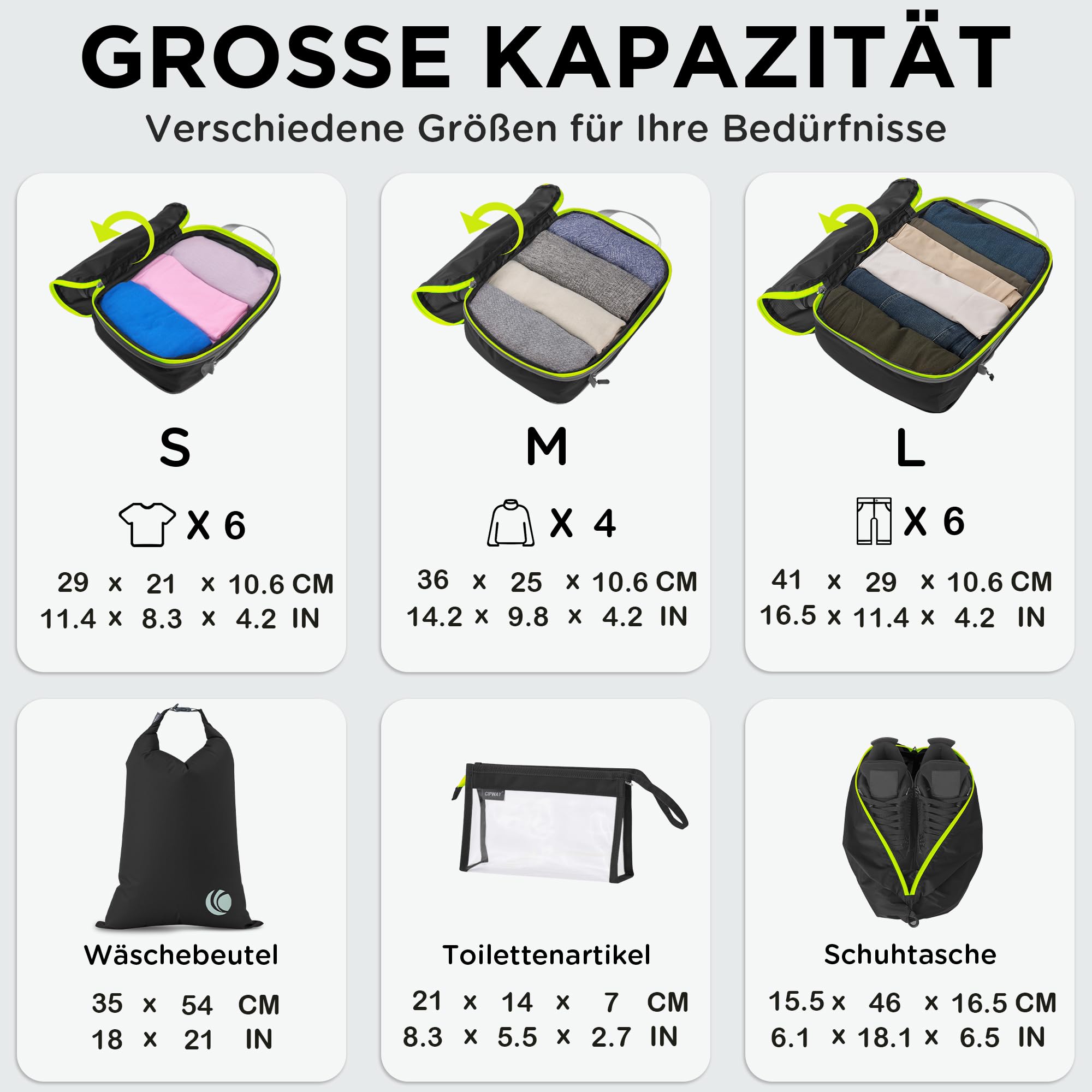 Cipway Kompression Koffer Organizer Set für Rucksack ，Ultraleichte Packtaschen Compression Packing Cubes Packwürfel Kofferorganizer Packtaschen Kleidertaschen für Reiseorganizer(schwarz, 8 Stück)