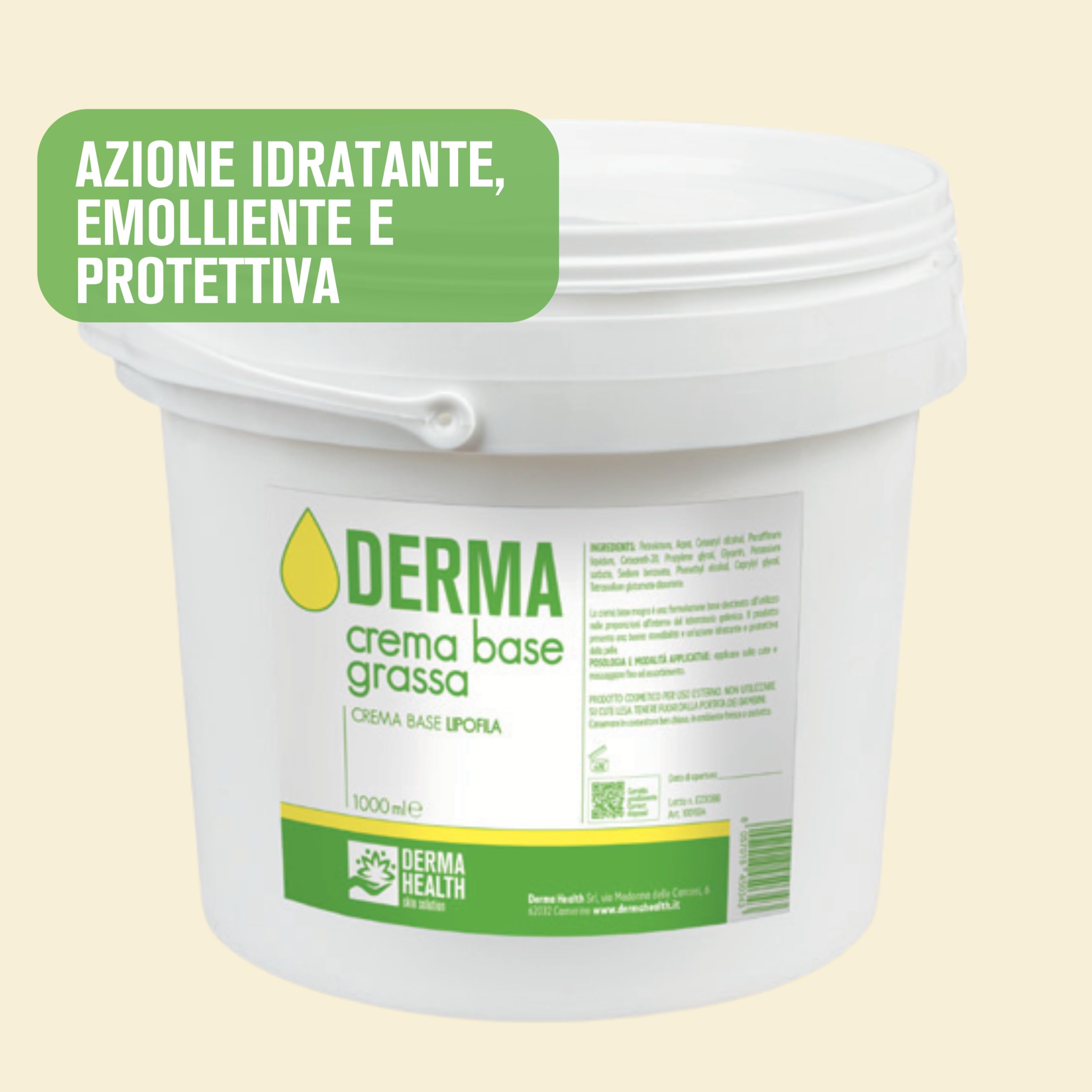 Derma Health® Crema Base Lipofila Emulsione Neutra Grassa pura 1 kg, Ideale per uso farmaceutico cosmetico dermatologico Made in Italy