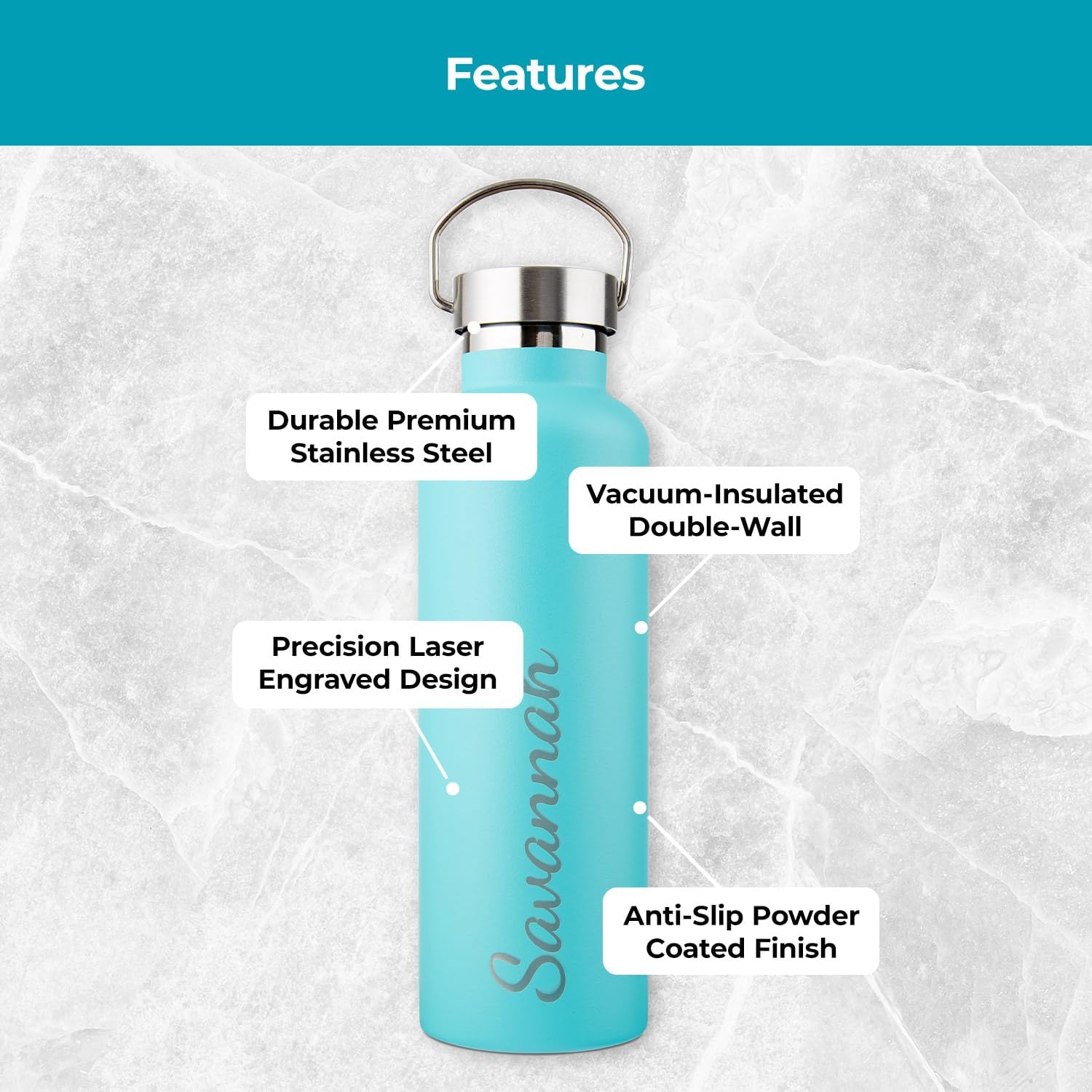 GAM Personalized Water Bottle - Laser Engraved - 30 oz Metal Water Bottle - Stainless Steel Customizable Water Bottle with Name, Custom Gift for Birthday Water Bottle Teal