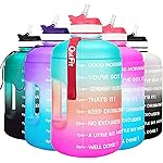 QuiFit Motivational Gallon Water Bottle - with Straw & Time Marker BPA Free Large Reusable Sport Water Jug with Handle for Fitness Outdoor Enthusiasts Leak-Proof (Green/Pink,1 gallon)