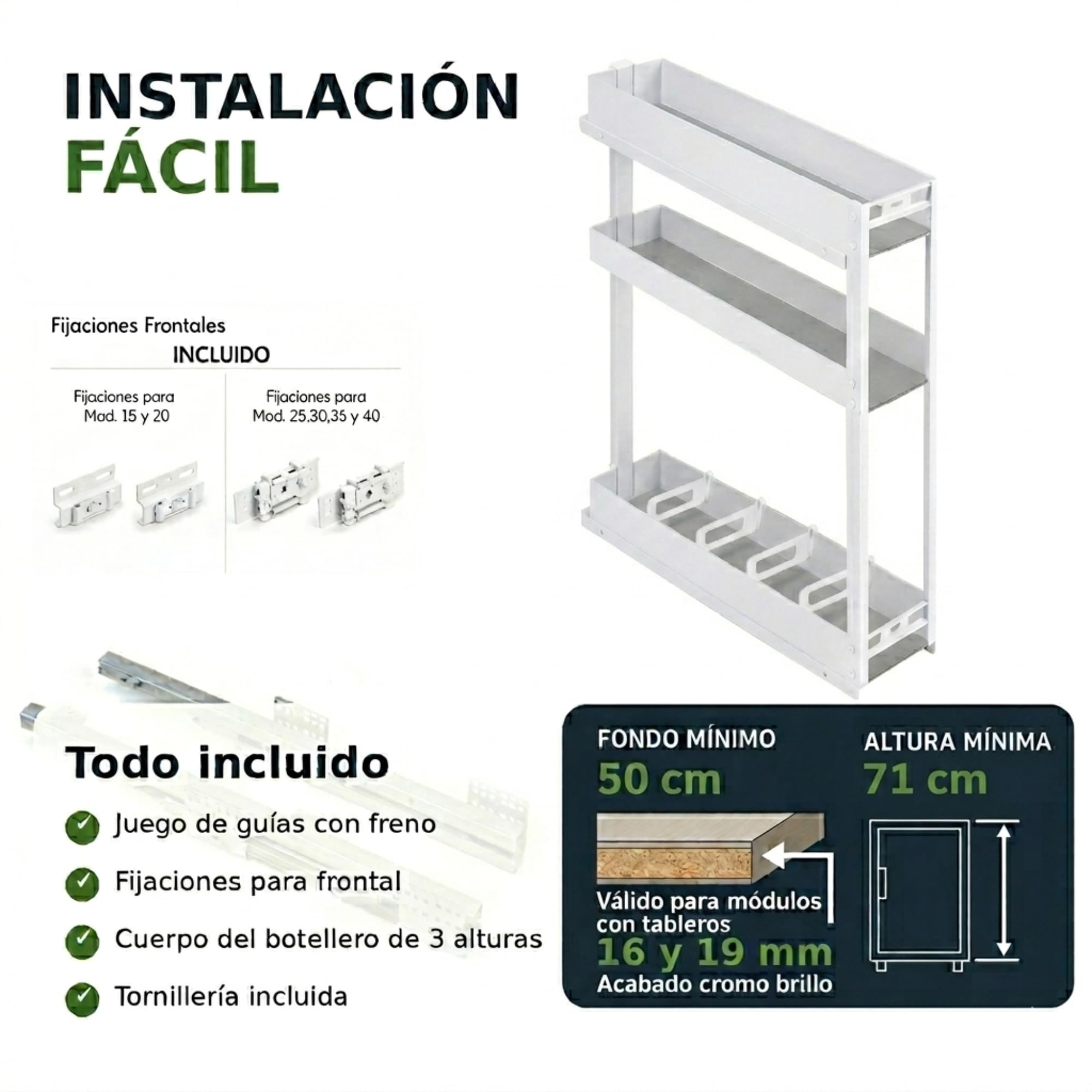 Botellero extraíble Cocina Grafito o Blanco con Cierre Suave | Organizador Deslizante para Mueble de Cocina de Altura 80 cm y Ancho de 15 a 40 cm (Blanco, Ancho Mueble 25 cm)