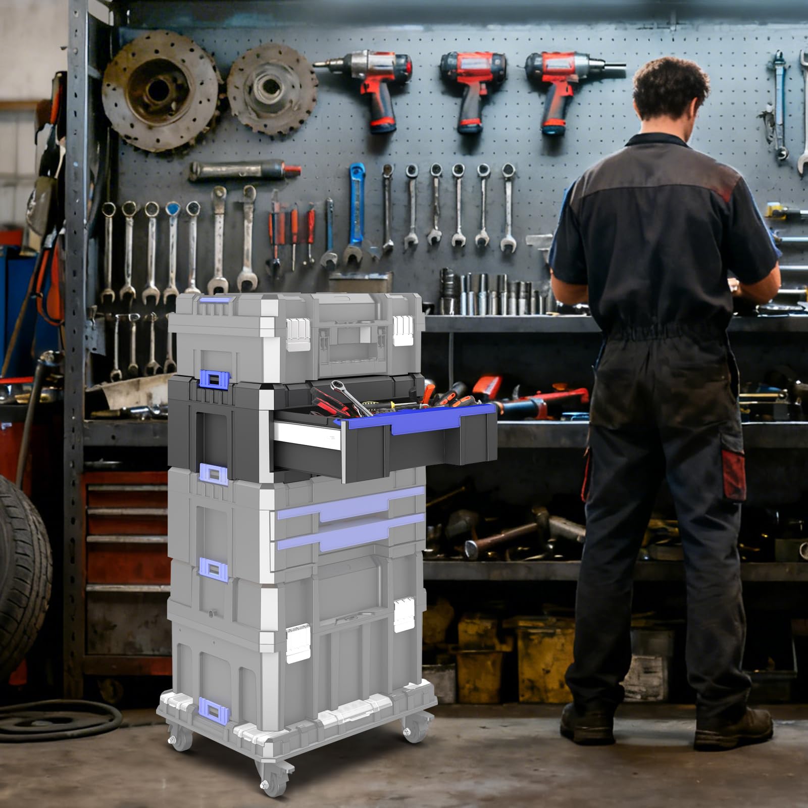 Caja Herramientas de 43CM con Cajones,AIRAJ Caja de Herramientas Modular,Caja Herramientas Vacia Apilable,Con Compartimentos Separadores,Para Guardar Herramientas y Accesorios Pequeños(SC1-C)