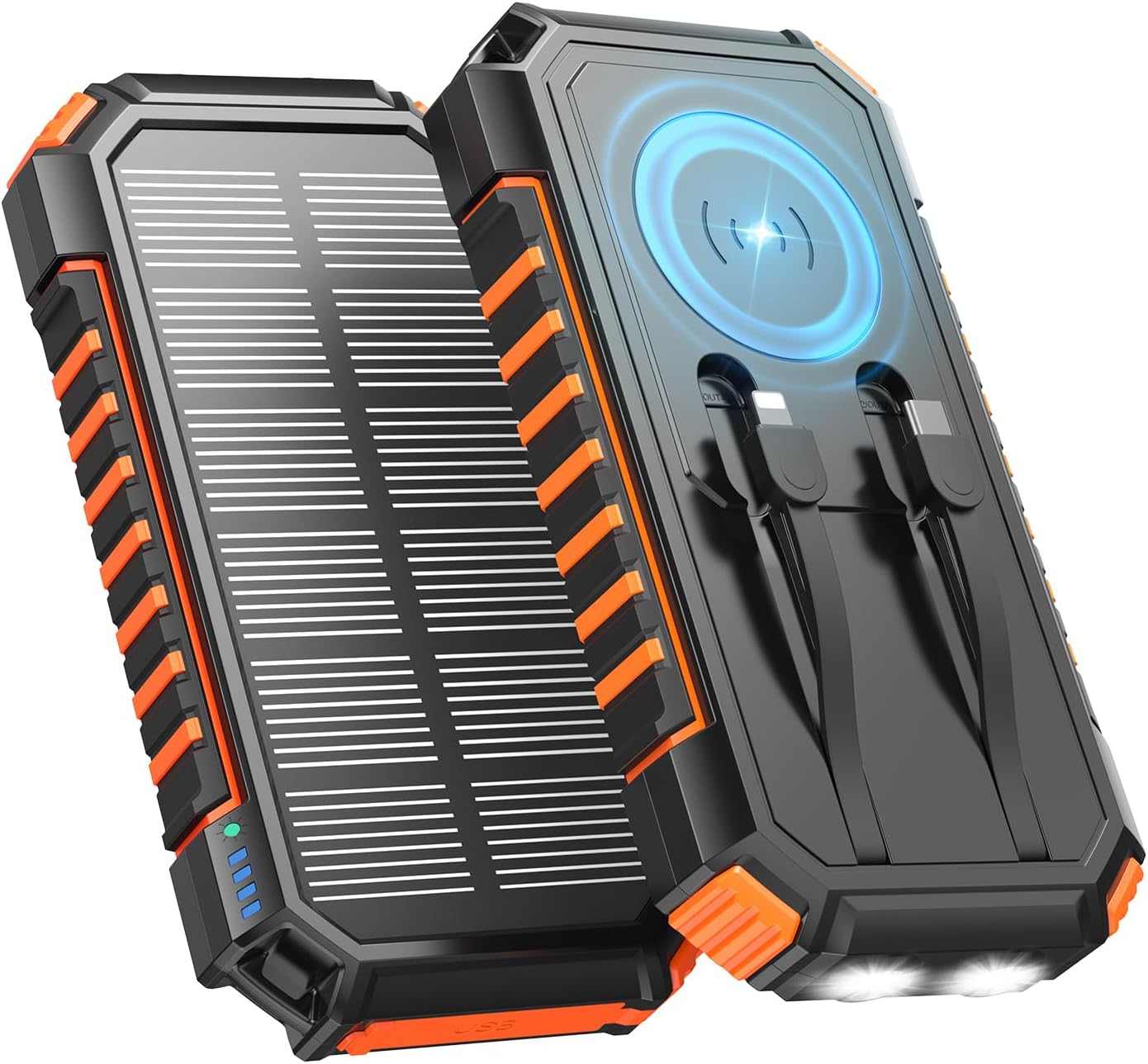 A ADDTOP Solar Power Bank 27000mAh – Fast Solar Charger 22.5W, Wireless Charging Solar Battery PD/QC 3.0, 2 Integrated Cables and 2 LED Flashlights for Phone and Tablet Camping