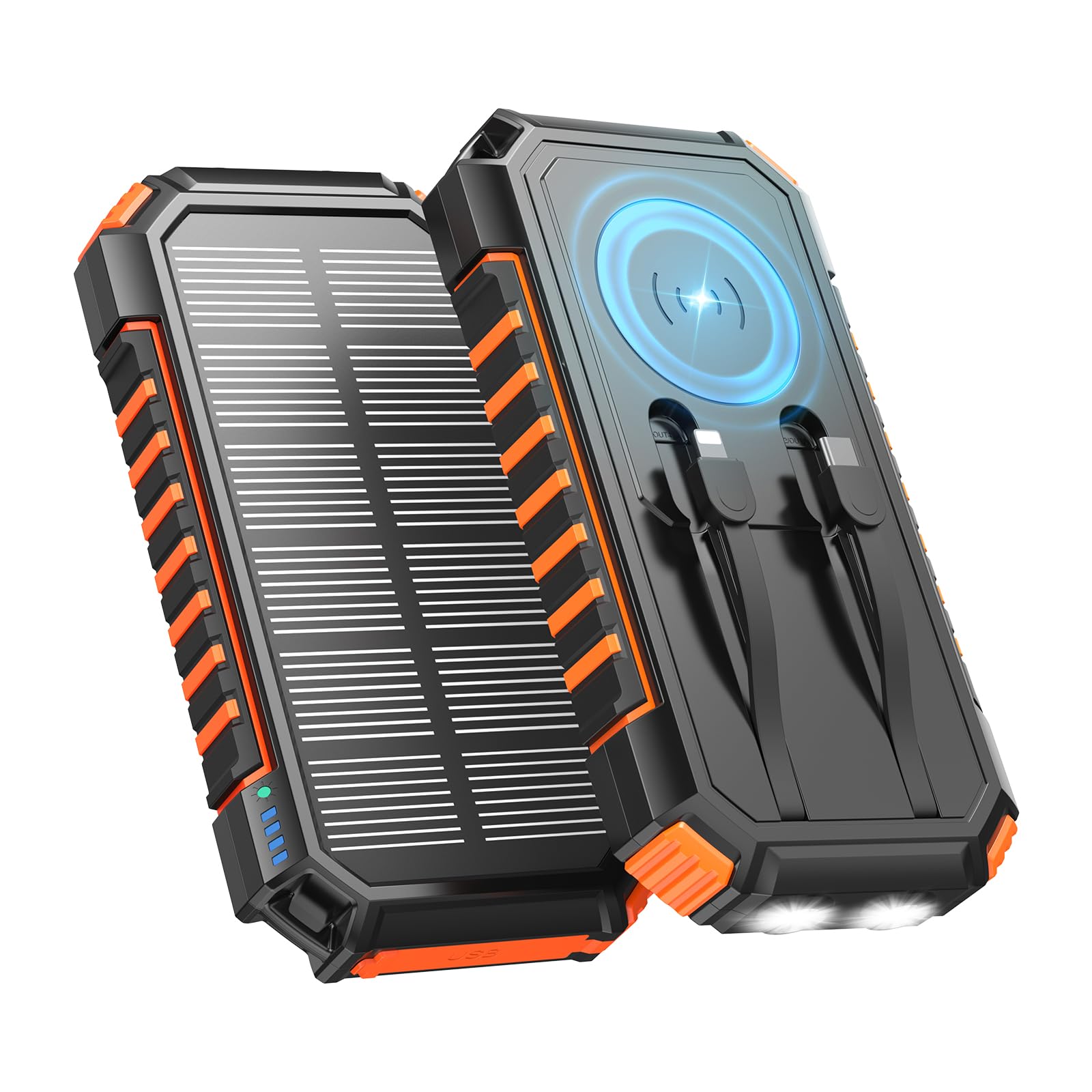 Cargador-Solar-Power-Bank-20000mAh - A ADDTOP 22,5W USB C Carga Rápida Batería Externa Inalámbrica con 2 Cables Integrado y Linternas, Cargador Portátil para Teléfono Tabletas (Naranja)