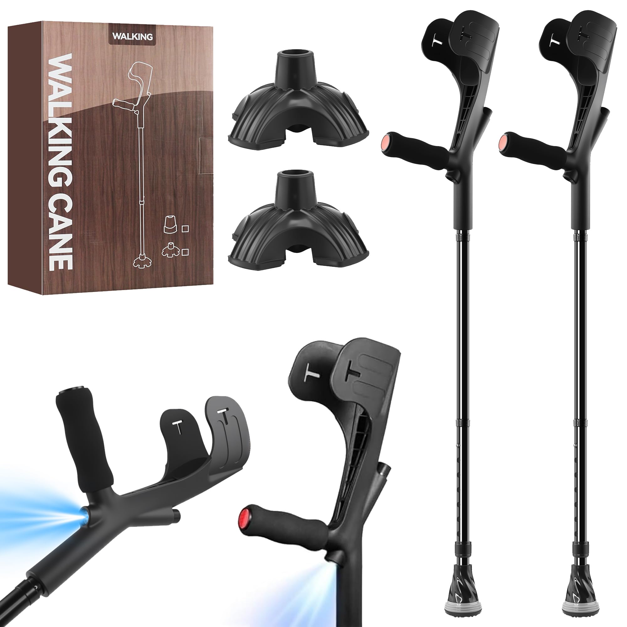 YOKABOZE 2 Pcs Forearm Crutch for Adults with Light, Foldable Lightweight and Adjustable with Handle Pads, Aluminum Crutches for Heavy Duty Work Walking (Black)