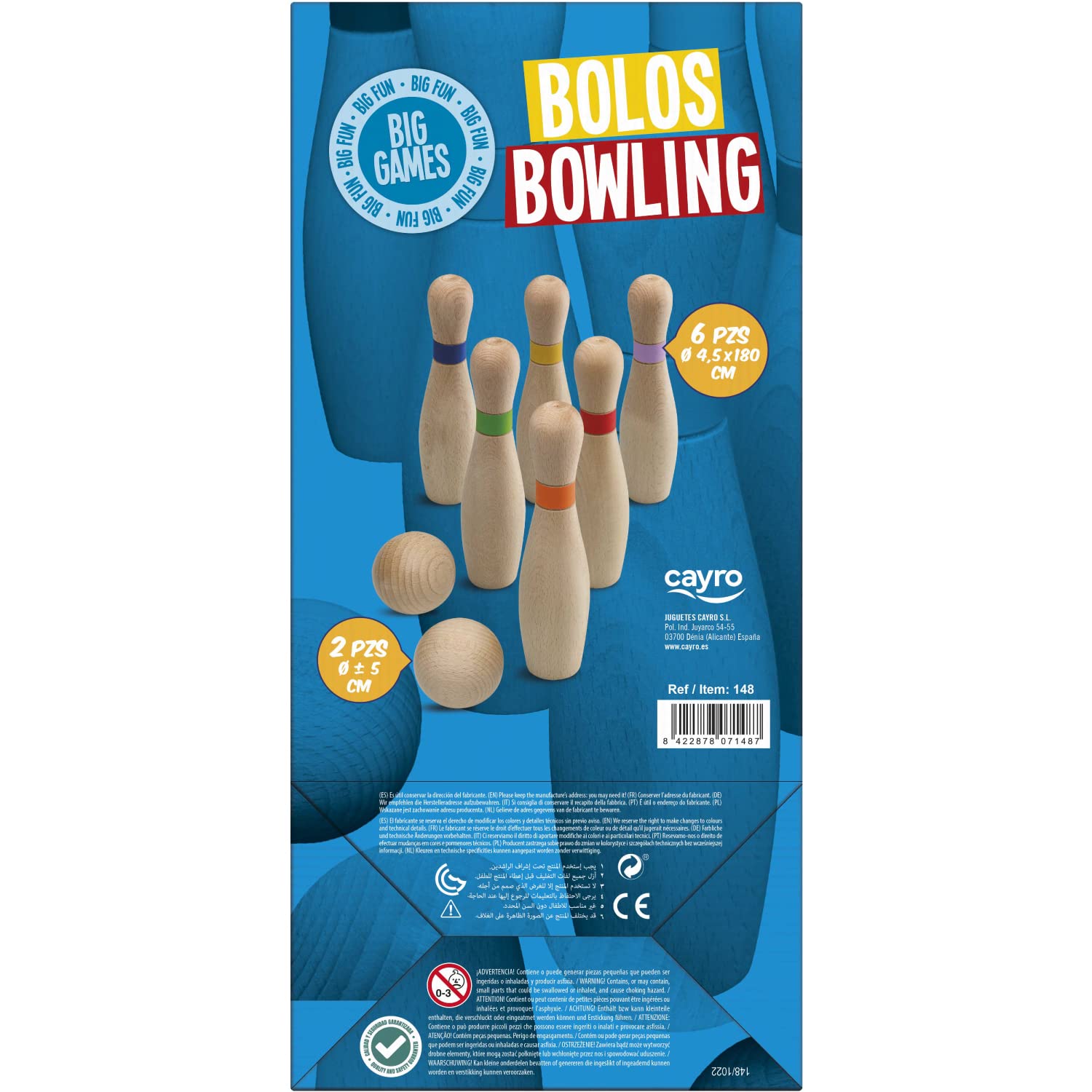 Cayro - Bolos - + 3 Años - Modelo de Tamaño Grande de Madera - Juego Divertido de Mesa - Niños y Adultos - Incluye 6 Bolos y 2 Bolas - 2 a 8 Jugadores
