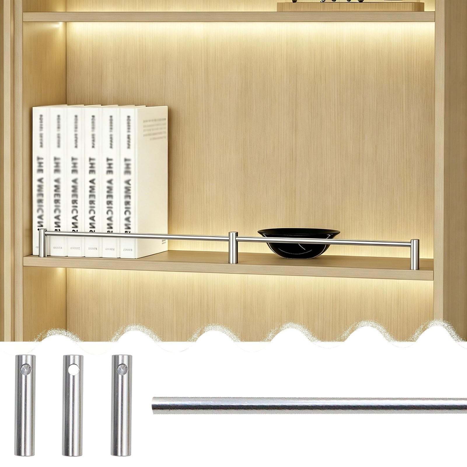 Decorative Shelves Railing for Shelf Front, Metal Guardrail for Bookcases/Cupboard/Wine Cabinets, Prevent Tipping Open Shelving Fence Railing(Silver,57in/145cm)