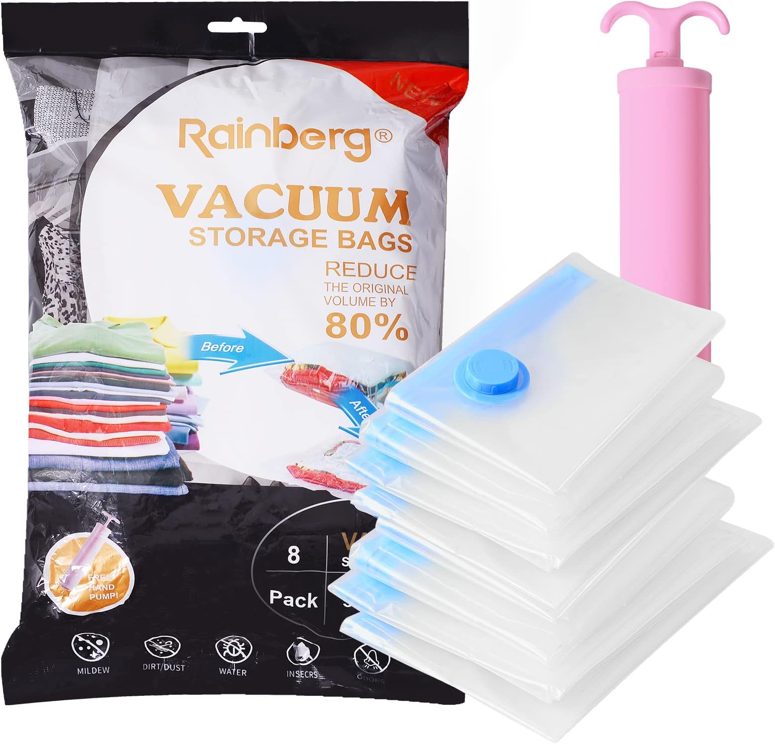 Rainberg Premium Vacuum Storage Bags, 8 Pack Large size, 80% More Storage, Vacuum Sealer Bag with Double-Zip Seal and Triple Seal Turbo-Valve for Max Space Saving in a storage bag. (Large(60 x 80))