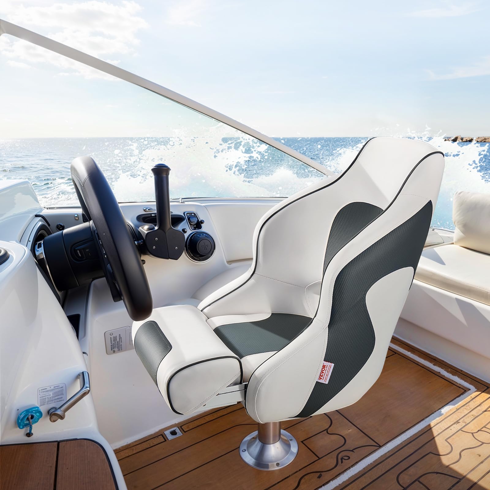 VEVOR Asiento de Barco con Respaldo Alto y Abatible Tipo Butaca de capitán con Cojín de Esponja Gruesa y Cuero de PVC Impermeable Diseño Ergonómico Asiento Plegable para Barcos, Yates, Blanco y Gris