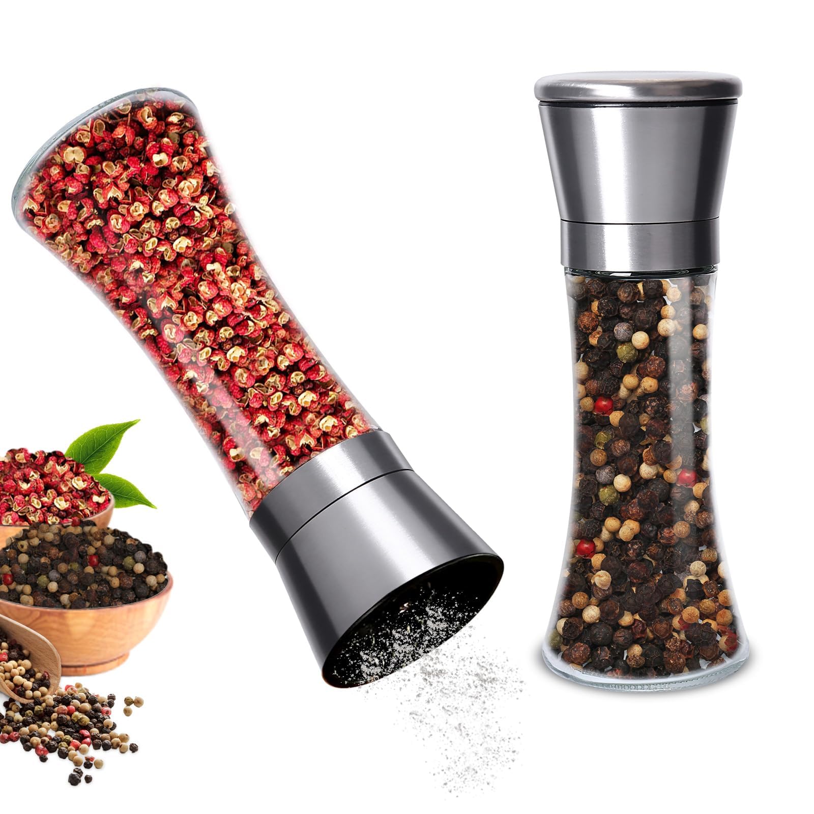 Gucass 2 Pieces Pepper Mill Salt Mill Set, Spice Mills with Adjustable Ceramic Grinder, Manual Salt and Pepper Mill Set, Also as Chili Mill, 200 ml Salt and Pepper Grinder for Various Spices